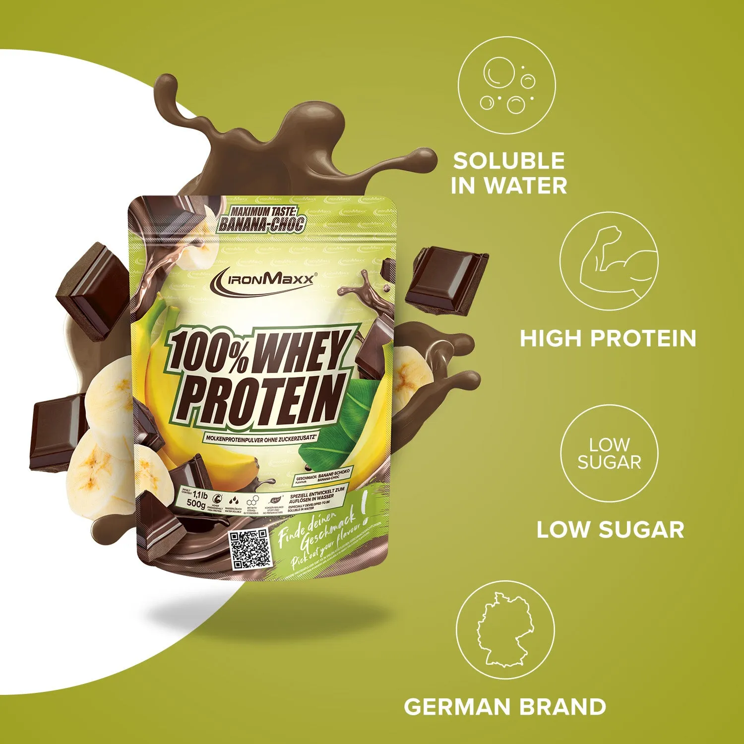 IronMaxx 100% Whey Proteinpulver Banana Choc 500g zuckerfrei