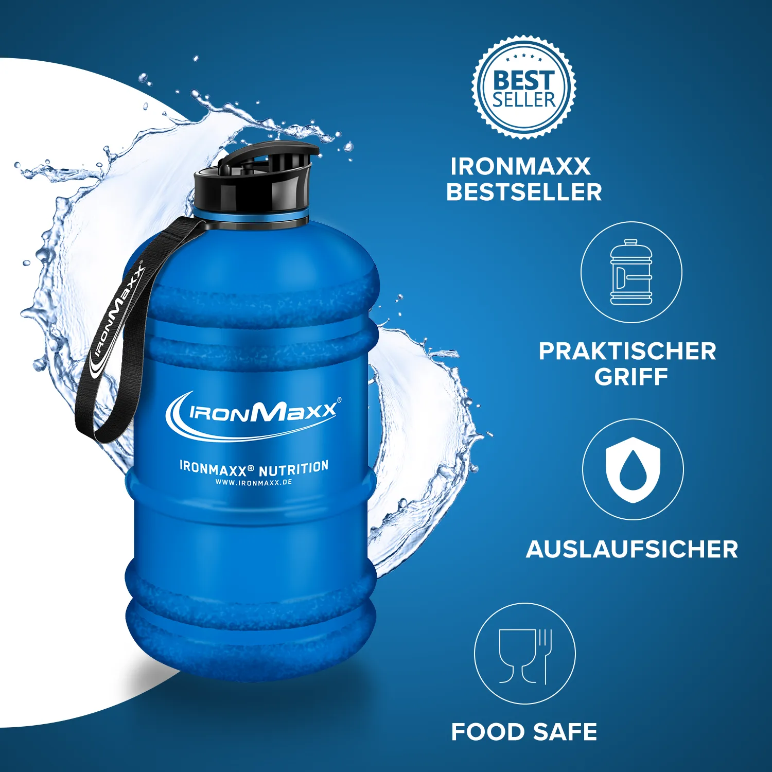 IronMaxx Water Gallon Trinkflasche 2200ml Matt Blau BPA-frei