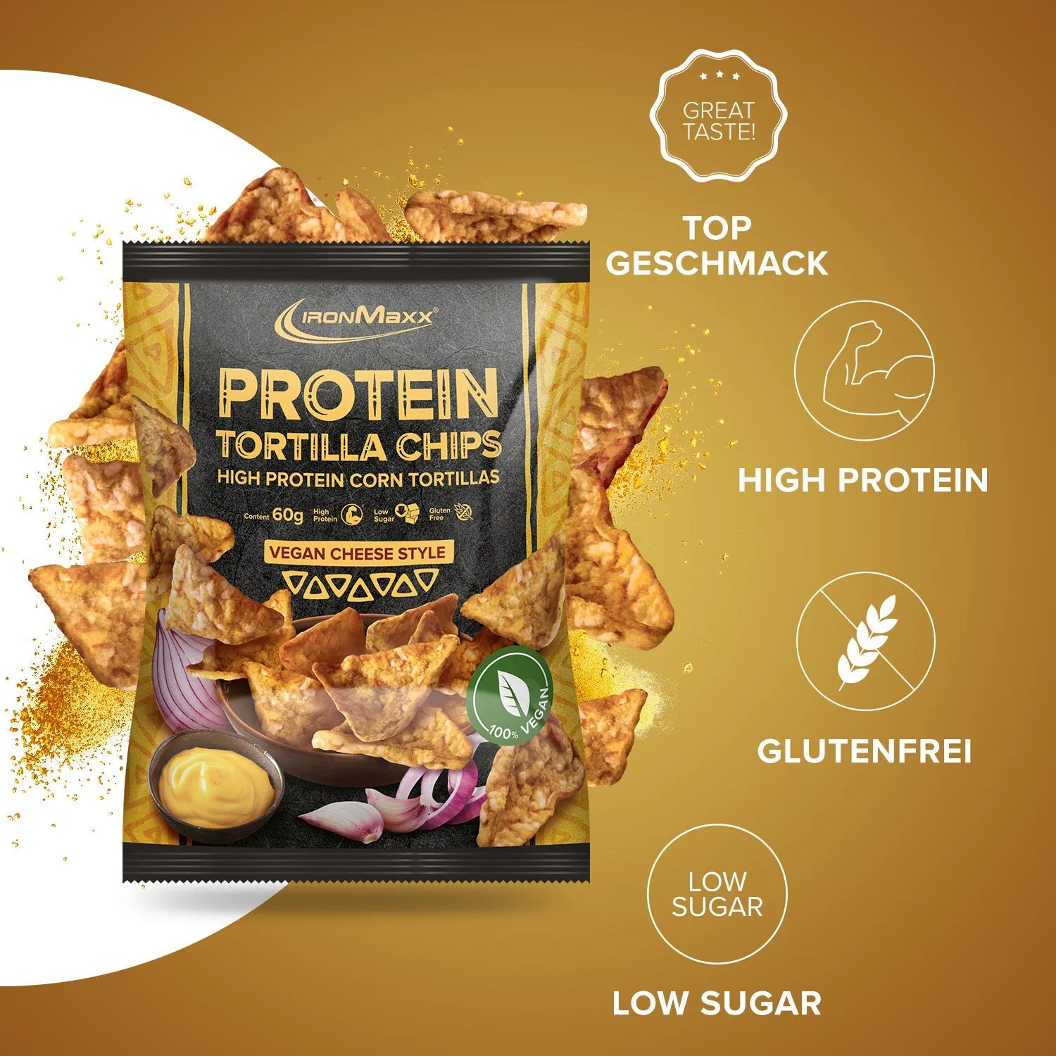 IronMaxx Protein Tortilla Chips 60g Vegan Cheese Style proteinreich