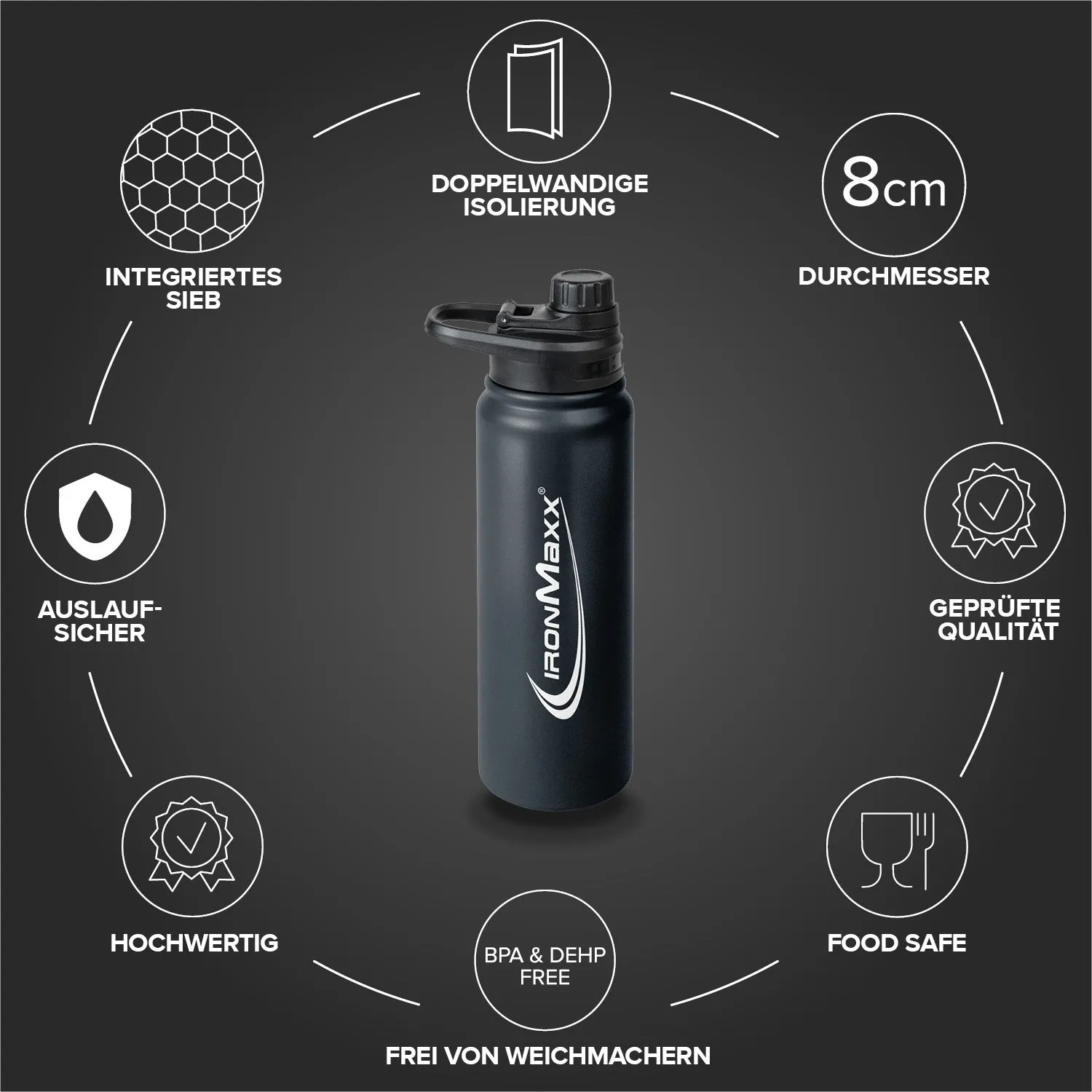 IronMaxx Hot & Cold Bottle Trinkflasche 800ml Deep Black