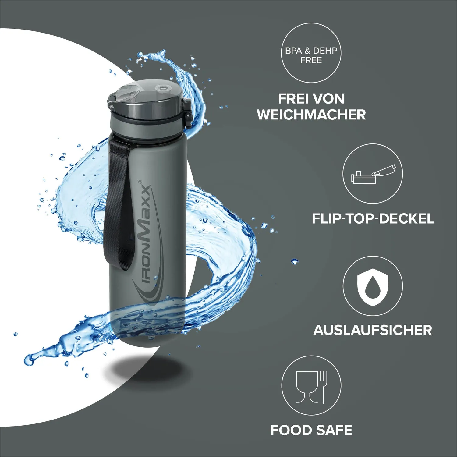 IronMaxx Sport Water Bottle Trinkflasche 1000ml Ash Grey