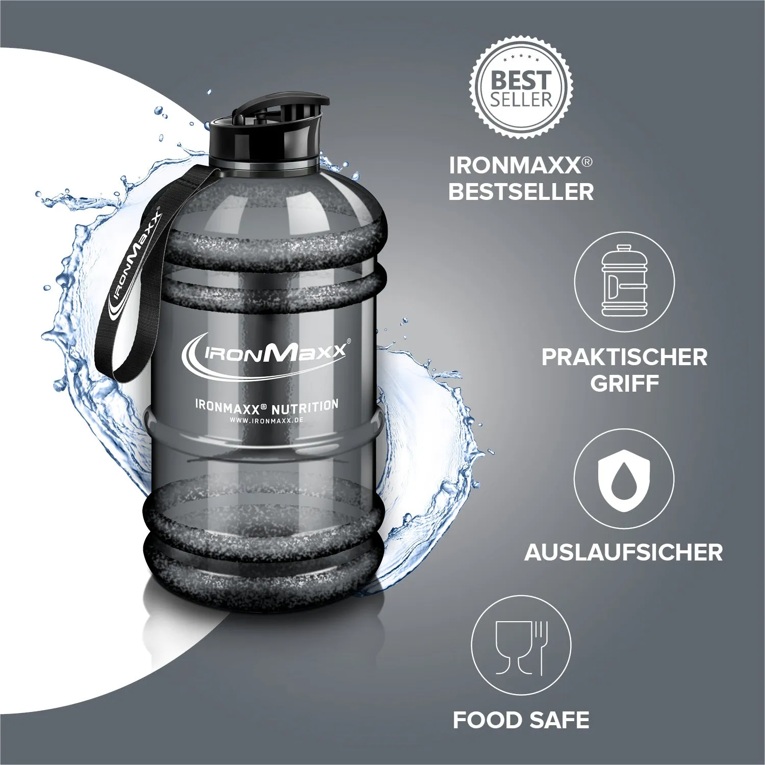 IronMaxx Water Gallon Trinkflasche 2200ml Grau BPA-frei