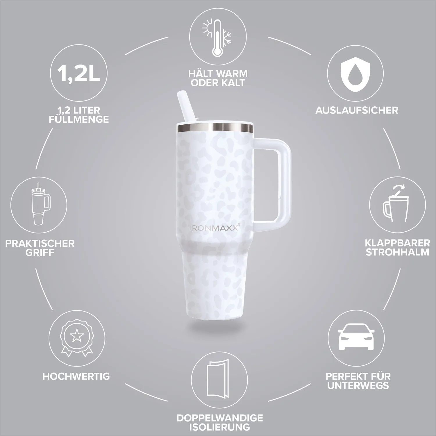IronMaxx Cup V4.0 Trinkbecher 1200ml Leo-Style White Edelstahl