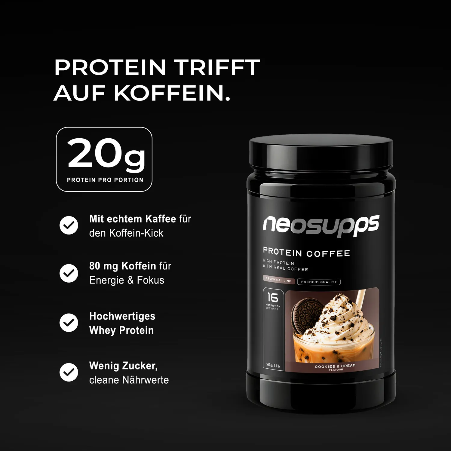 Neosupps Protein Coffee Cookies & Cream Protein Kaffee 500g koffeinhaltig