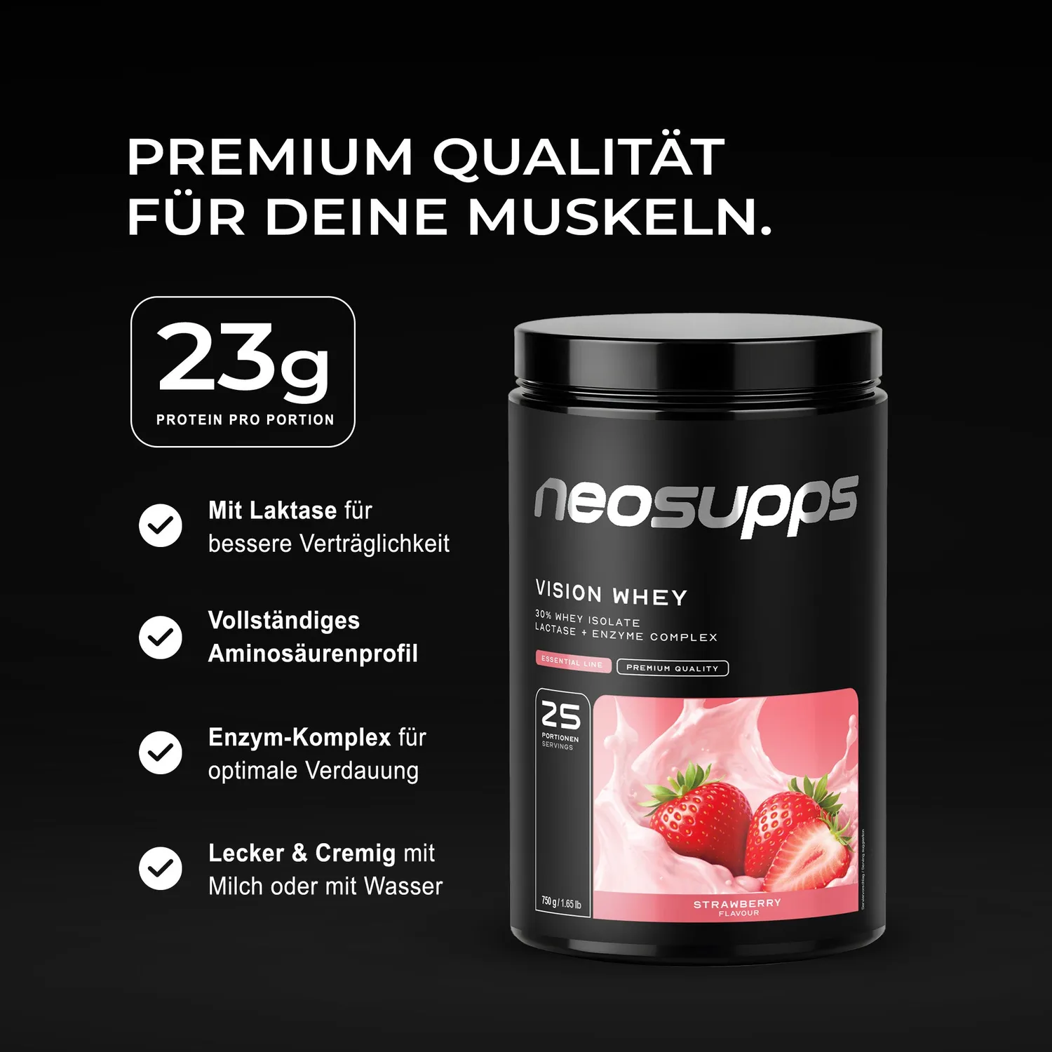 Neosupps Vision Whey Proteinpulver Strawberry 750g mit Laktase