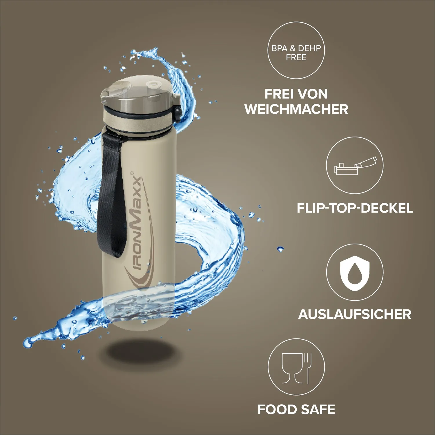 IronMaxx Sport Water Bottle Trinkflasche Sandstone Beige 1000ml