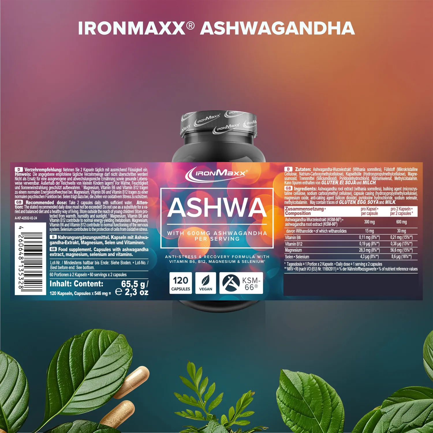 IronMaxx Ashwagandha KSM-66 Kapseln 120 Stück mit Magnesium