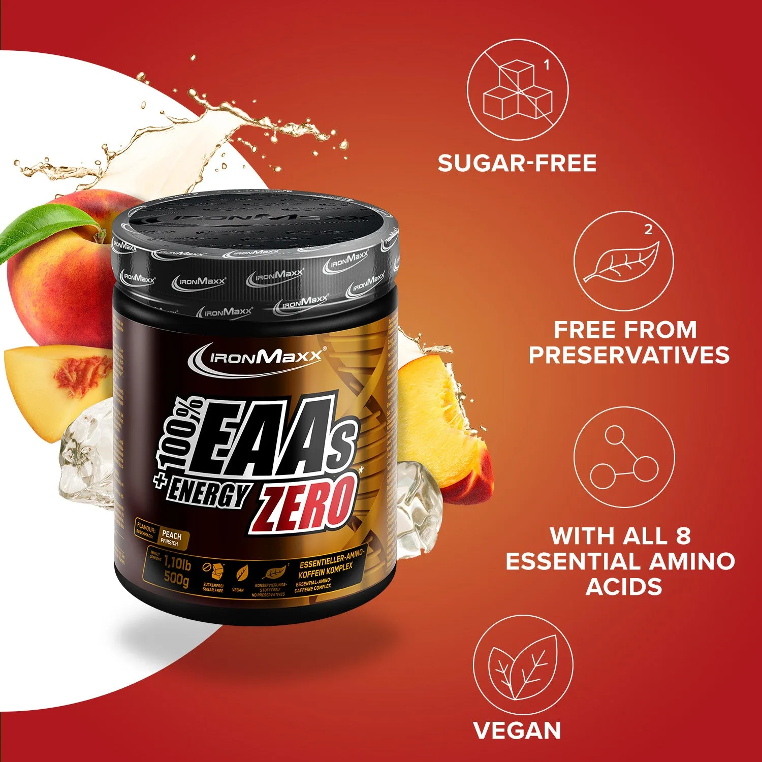 IronMaxx EAAs + Energy ZERO Pulver 500g Peach