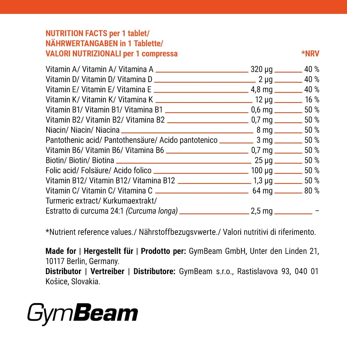GymBeam Multivitamin Kinder Kautabletten 120 Tabs mit Kurkuma