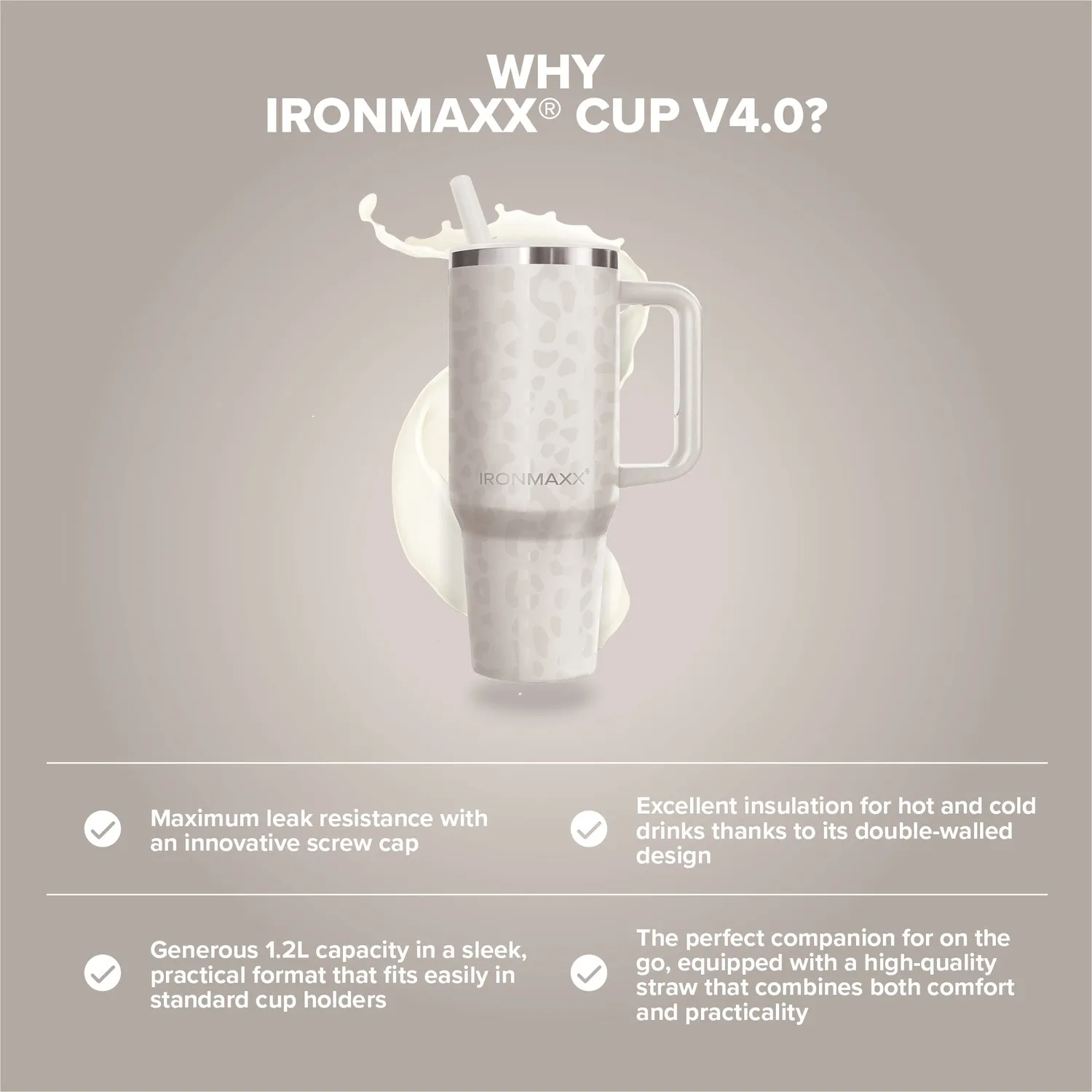 IronMaxx Cup V4.0 Trinkbecher 1200ml Leo-Style Ivory