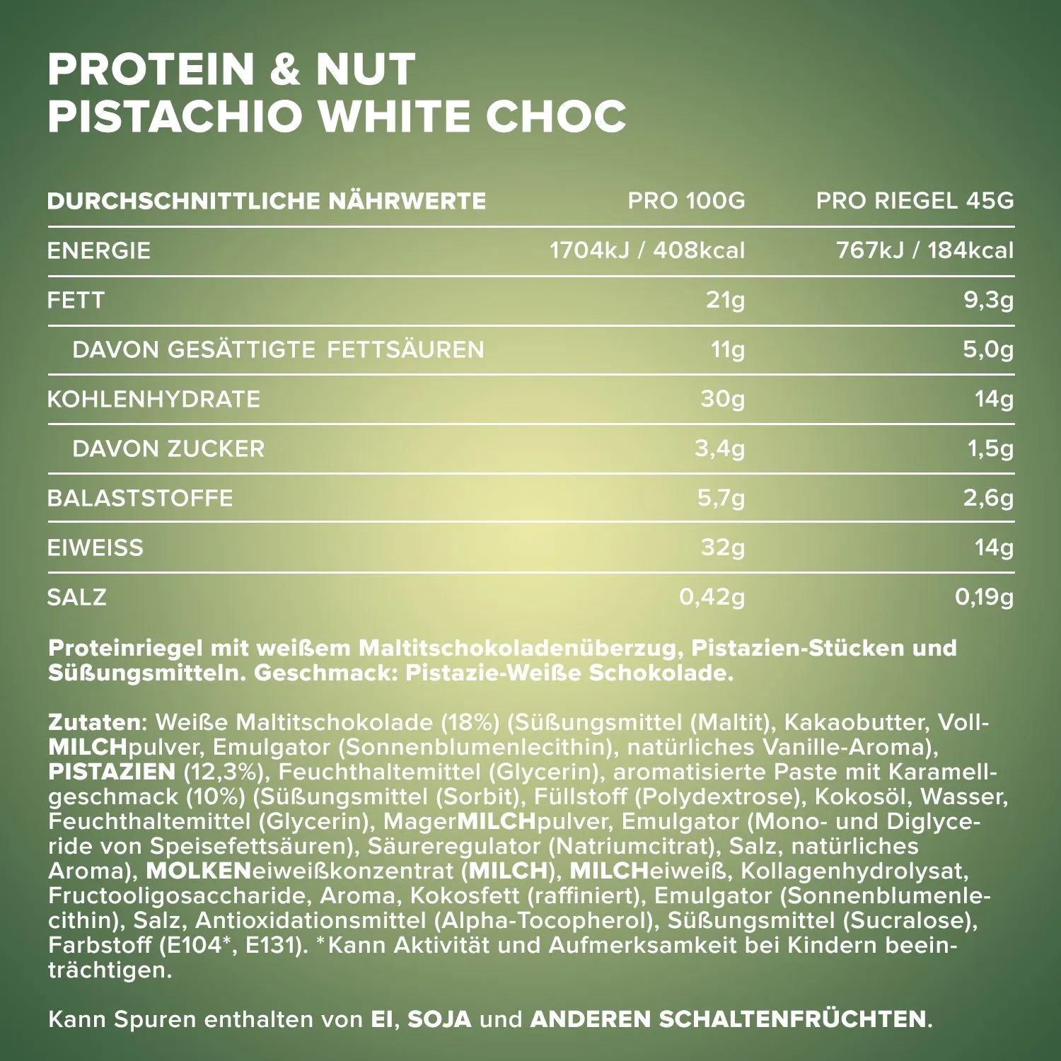 IronMaxx Protein & Nut Riegel 24x45g Pistachio White Choc