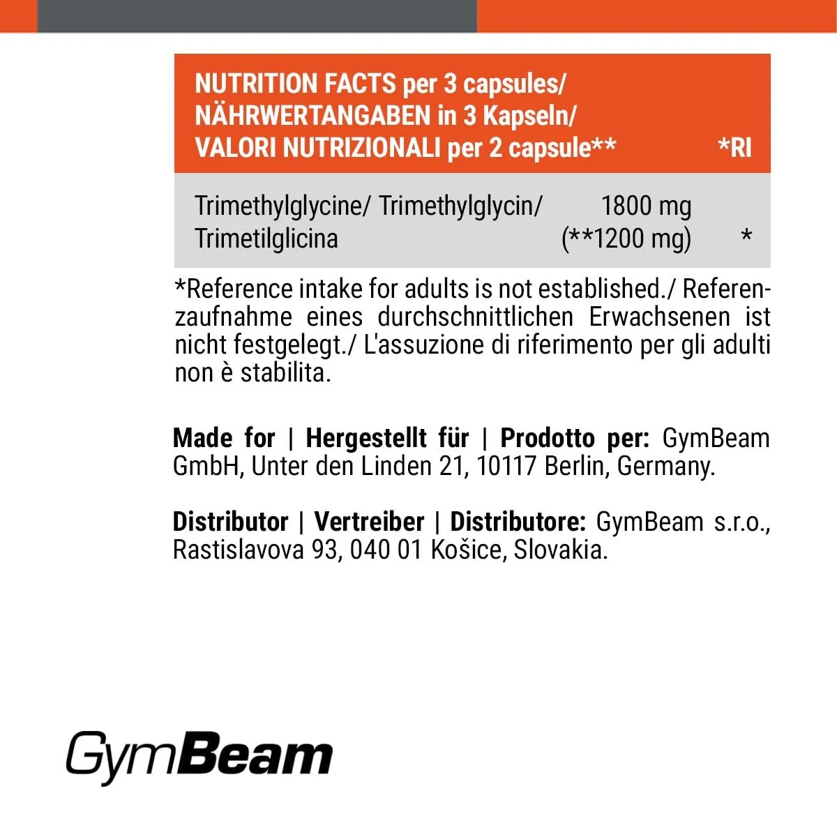 GymBeam TMG Kapseln Betain 1800mg vegan