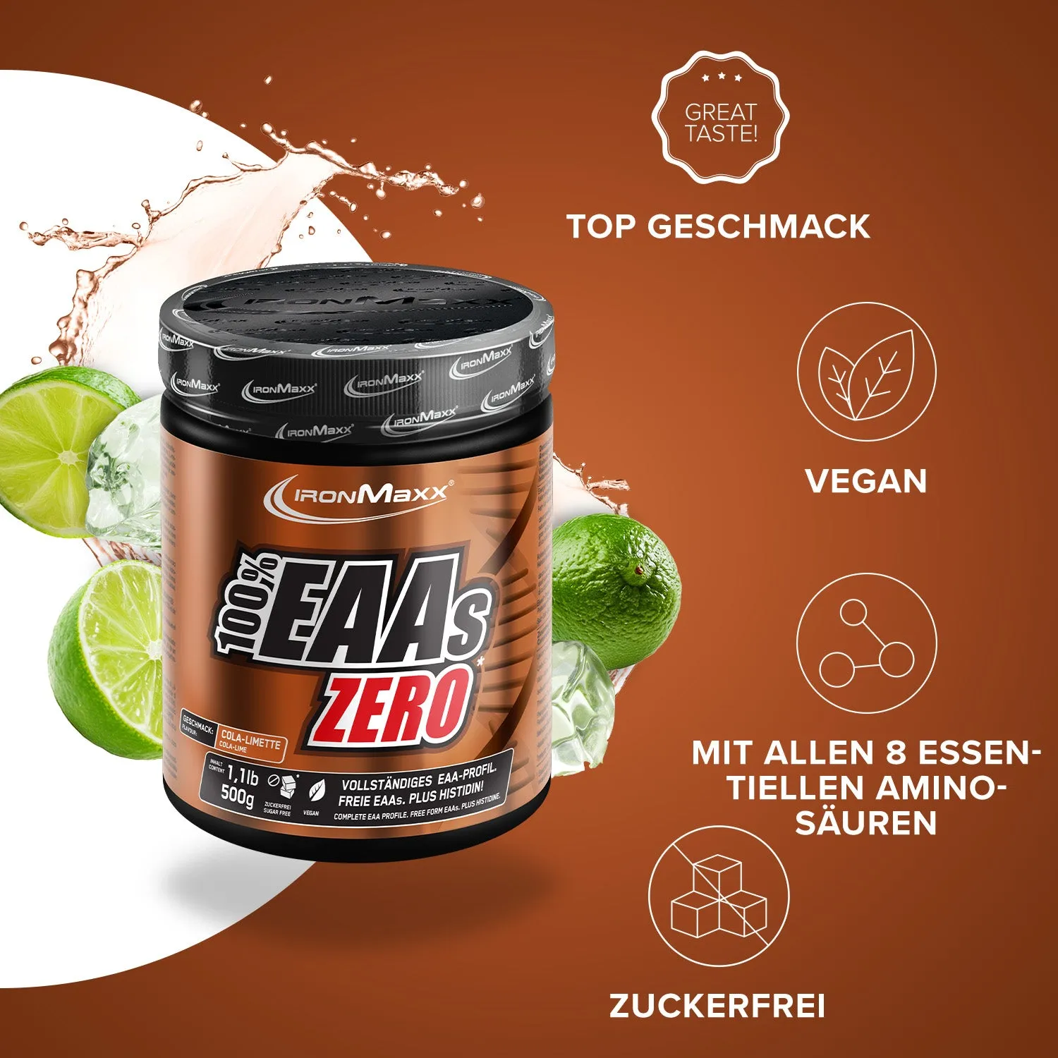 IronMaxx 100% EAAs Zero EAA-Pulver 500g Cola Lime zuckerarm