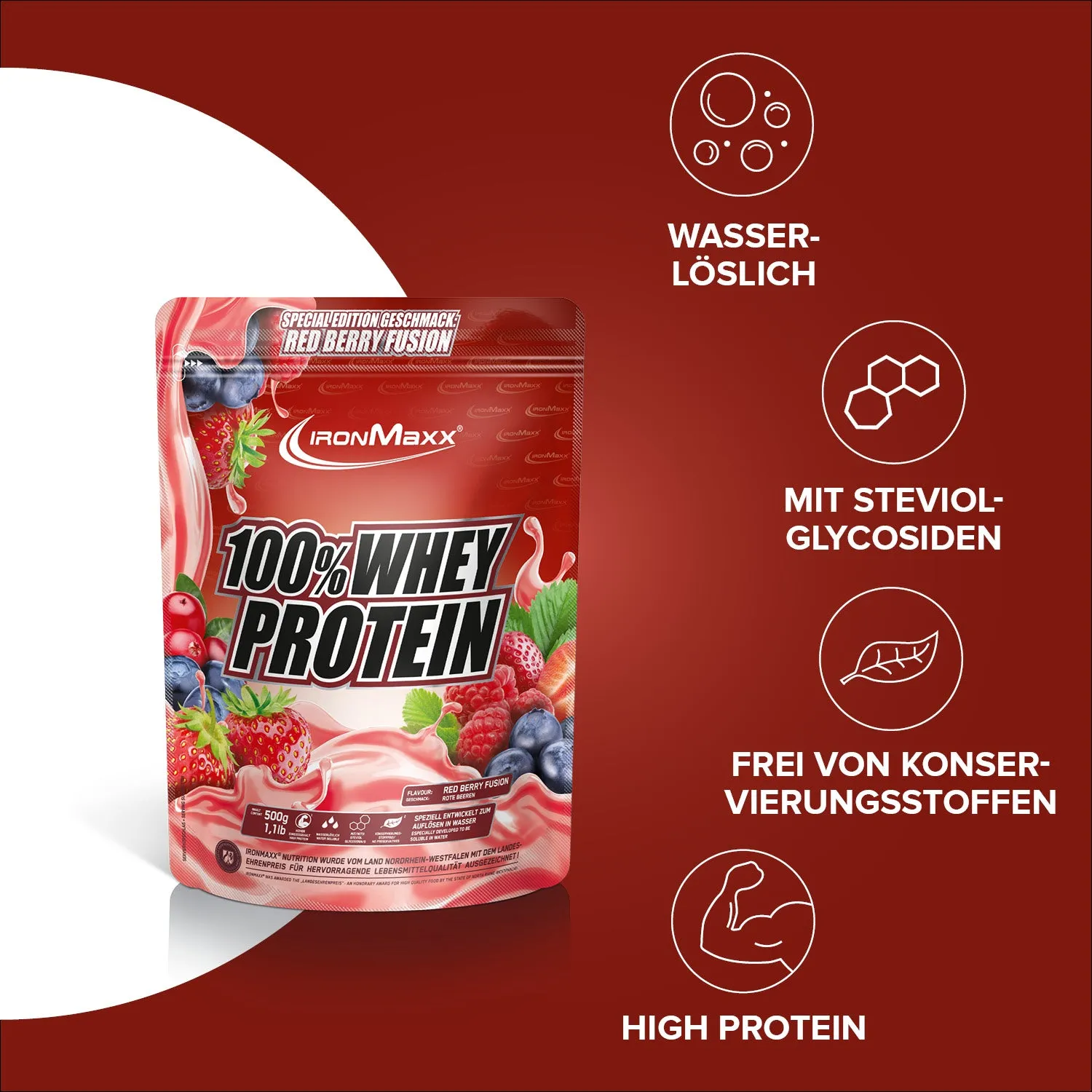 IronMaxx 100% Whey Protein 500g Red Berry Fusion zuckerfrei