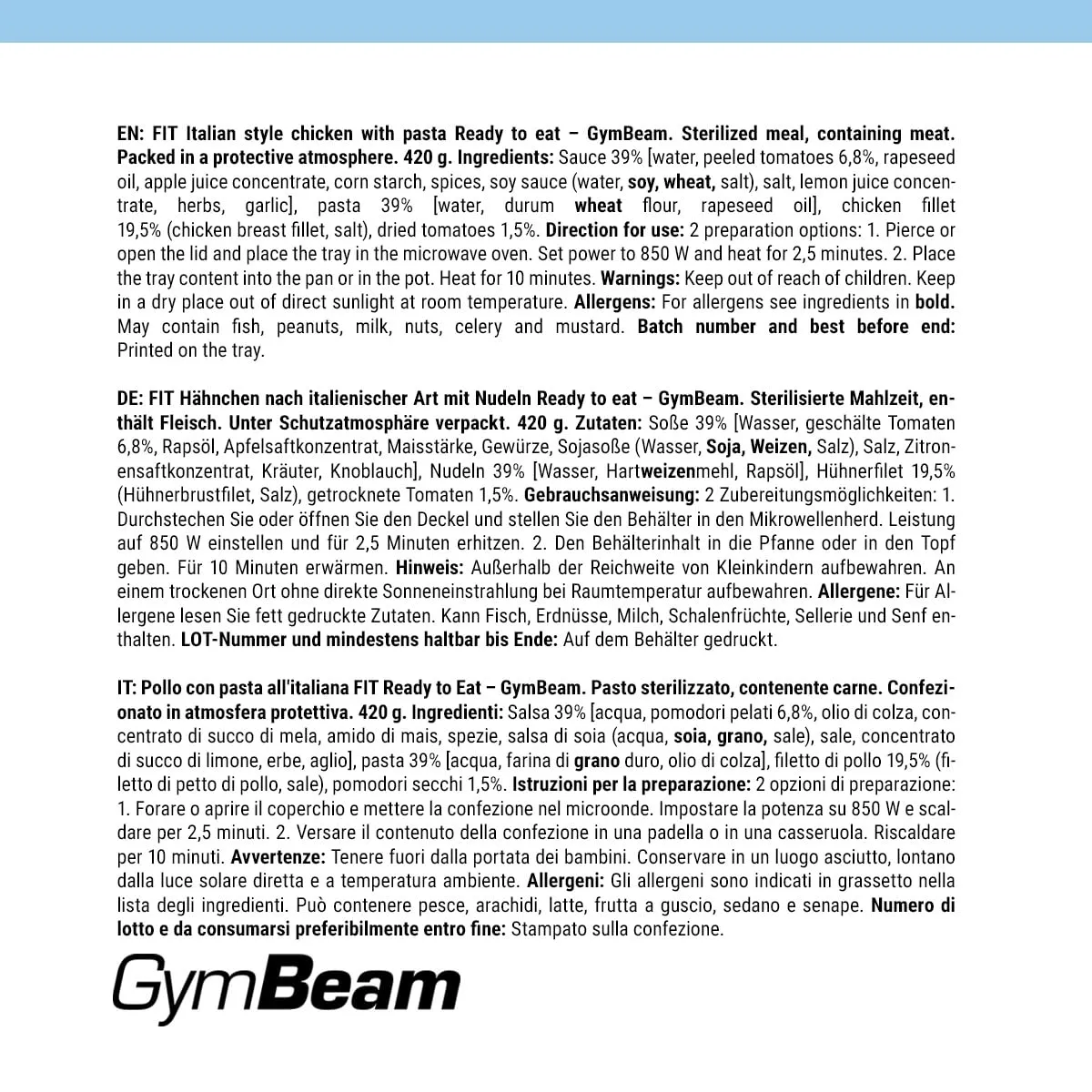 GymBeam FIT Hähnchen mit Nudeln Fertigmahlzeit 420 g proteinreich
