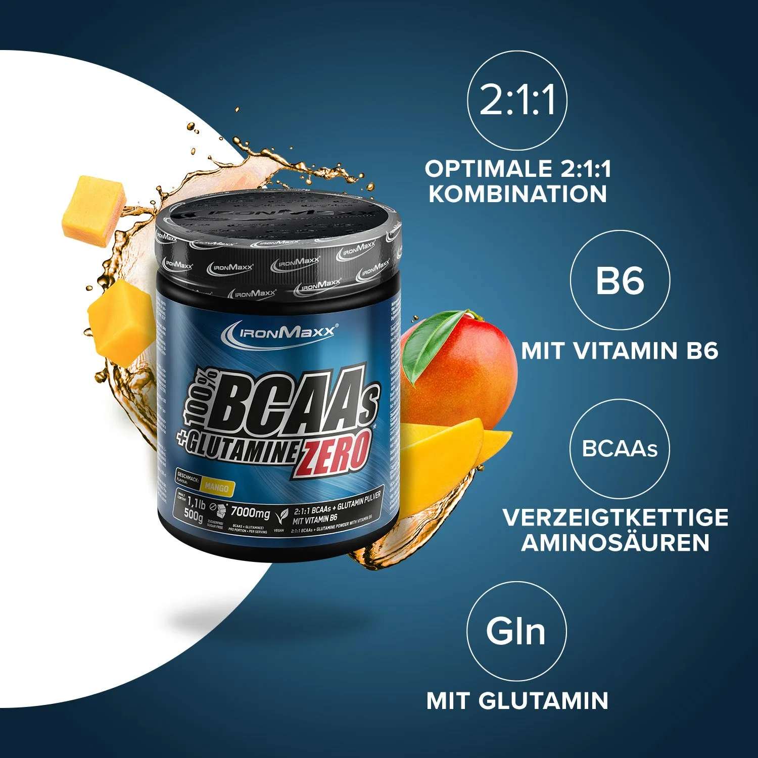 IronMaxx 100% BCAAs + Glutamine Zero Pulver 500g Mango zuckerfrei