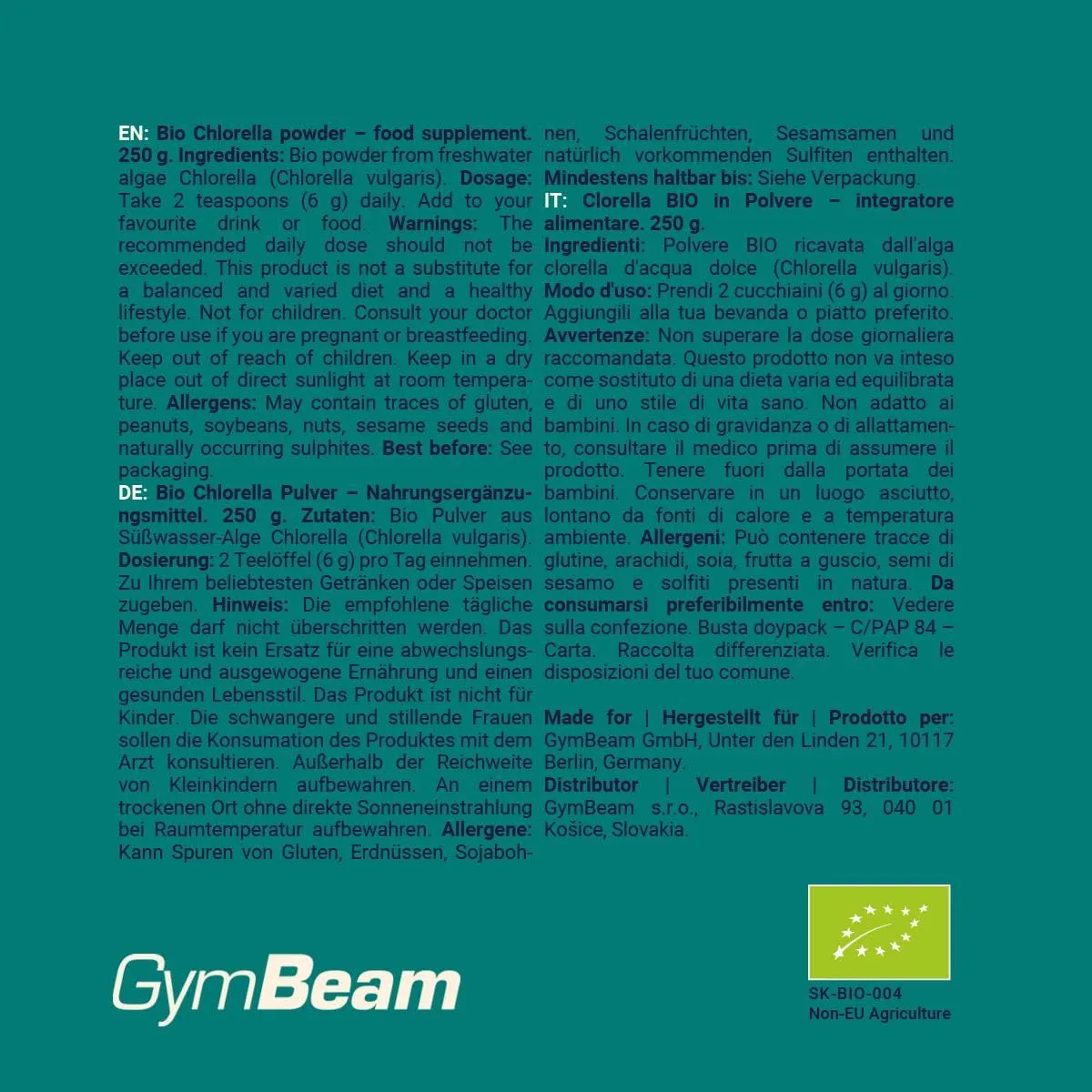 GymBeam Chlorella Pulver 250 g Bio vegan eisenreich