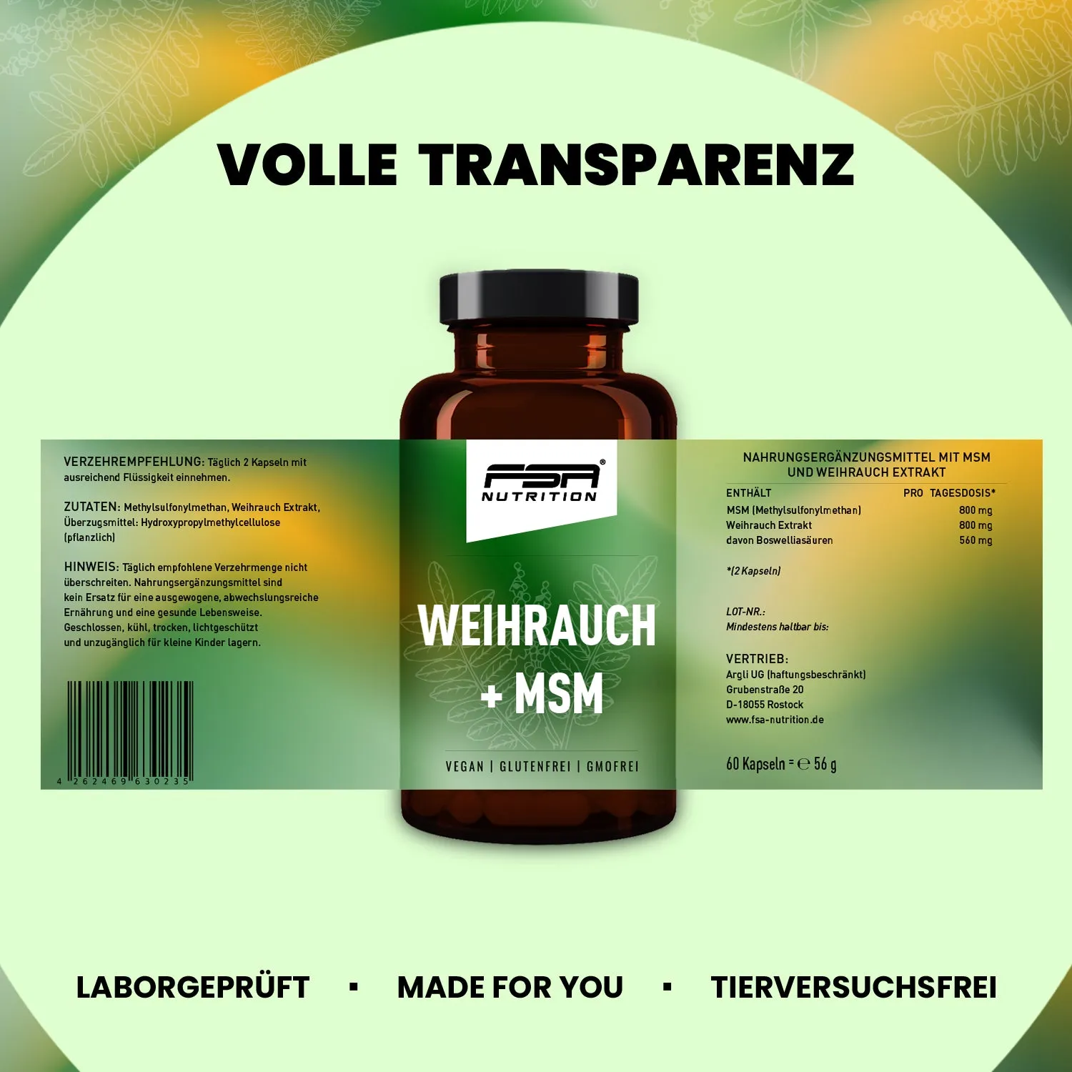 FSA Nutrition Weihrauch MSM Kapseln hochdosiert mit 800 mg