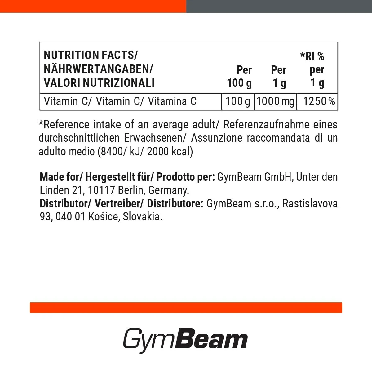 GymBeam Vitamin C Pulver 500 g Ascorbinsäure