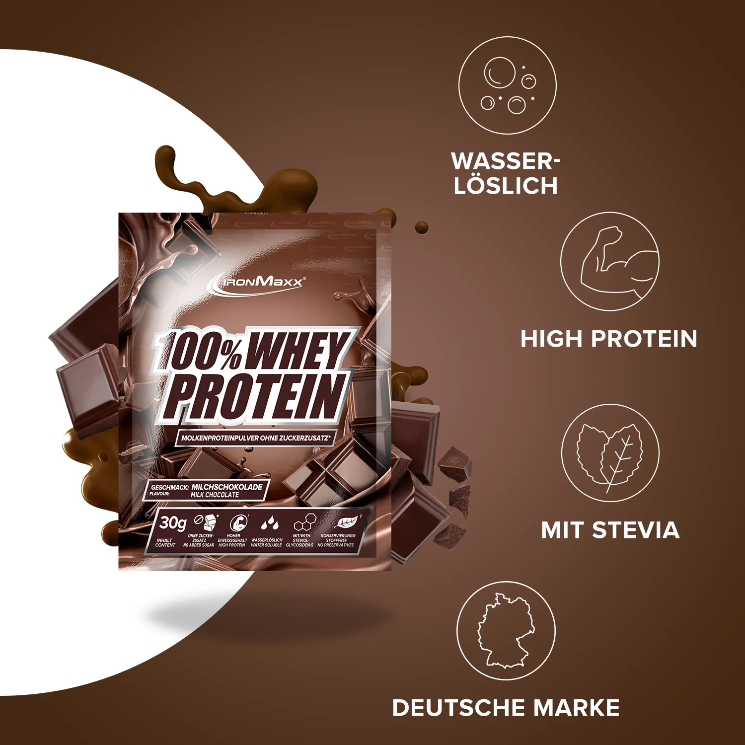 IronMaxx 100% Whey Protein Milchschokolade 30g Probe zuckerfrei