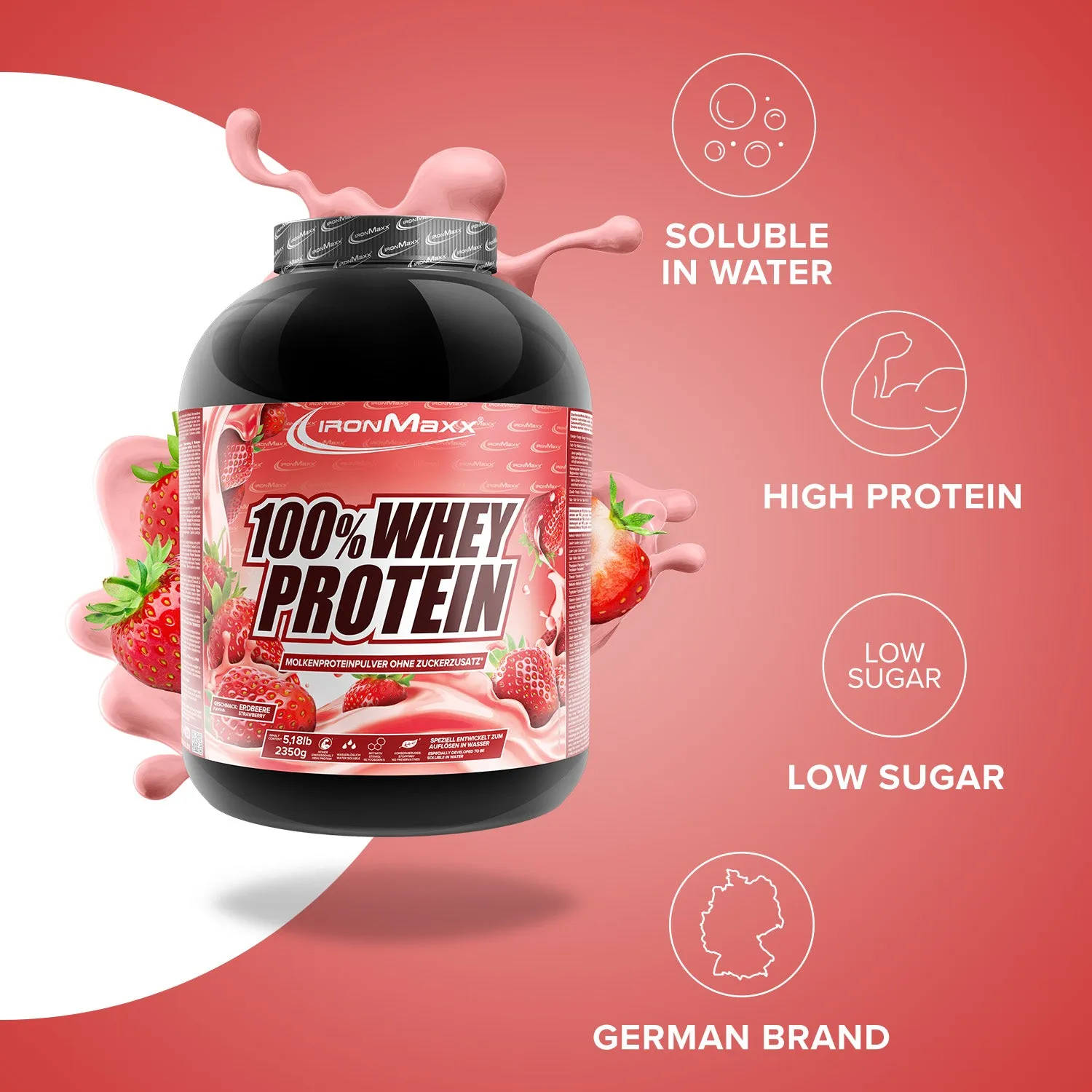 IronMaxx 100% Whey Protein Pulver 2350 g Erdbeere 80% Eiweiß