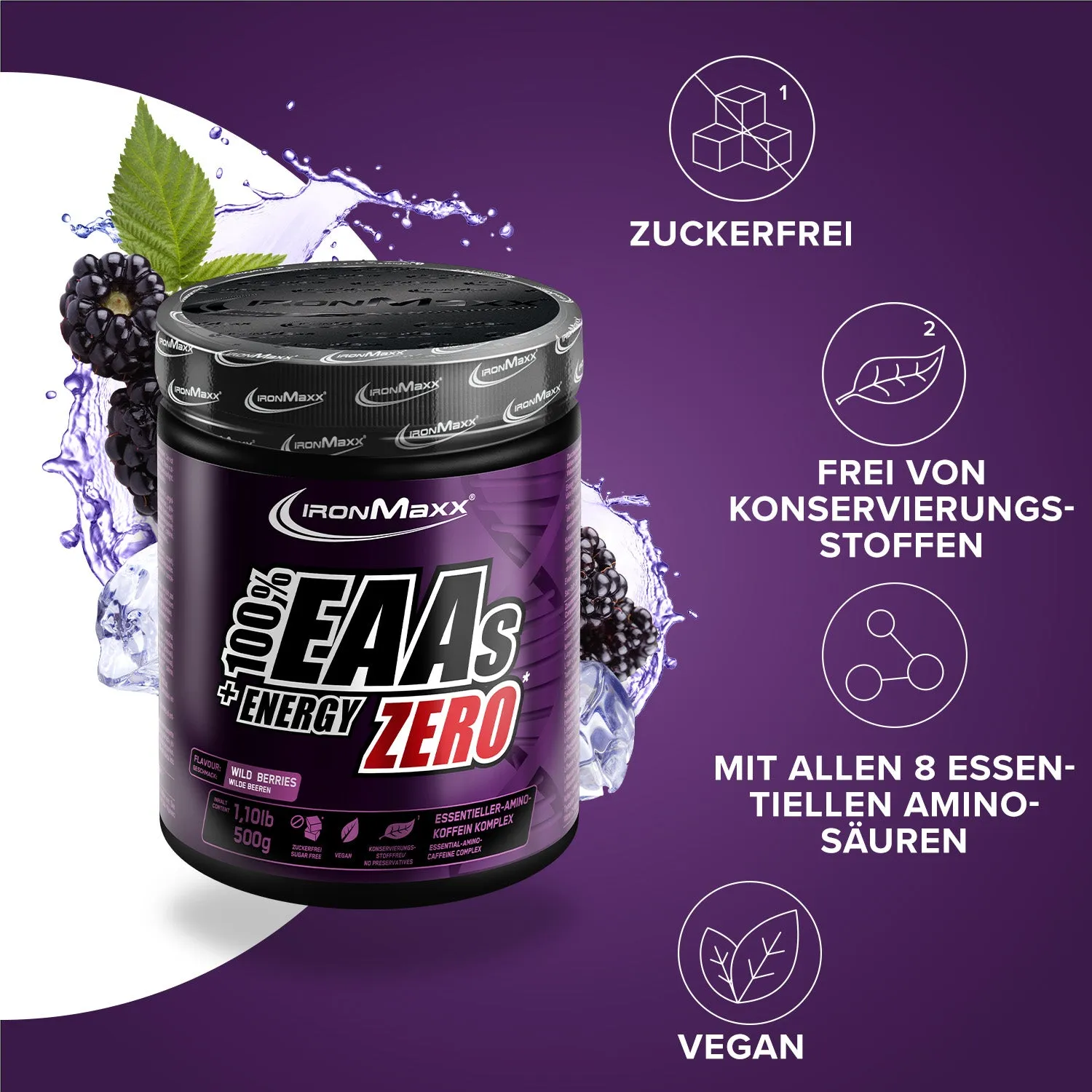 IronMaxx EAAs + Energy ZERO Pulver 500g Wild Berries