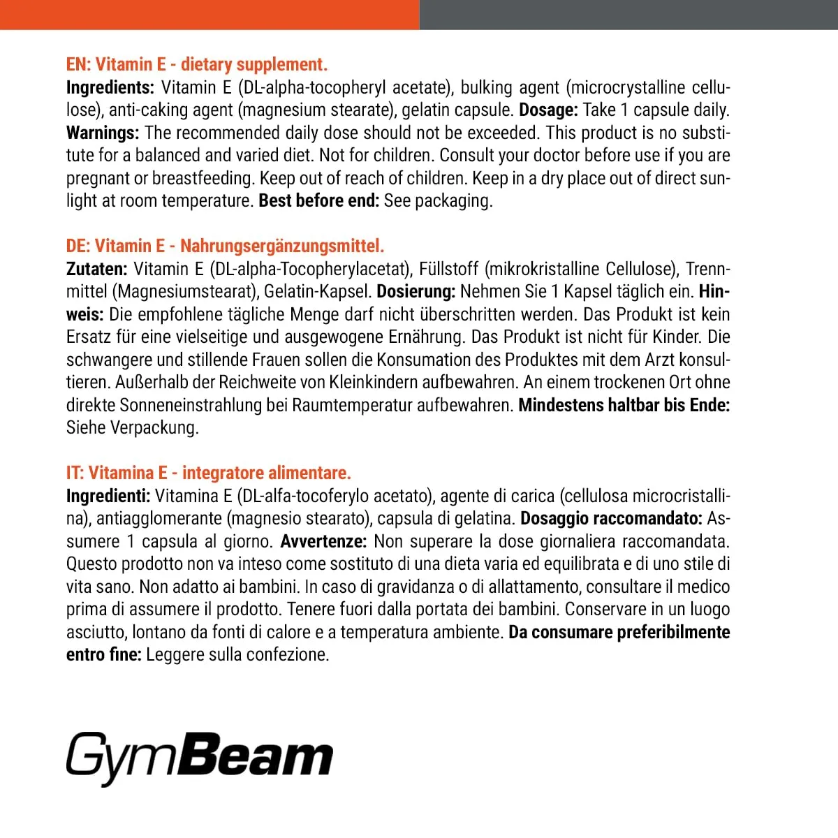 GymBeam Vitamin E Kapseln hochdosiert 60 Stk Zellschutz
