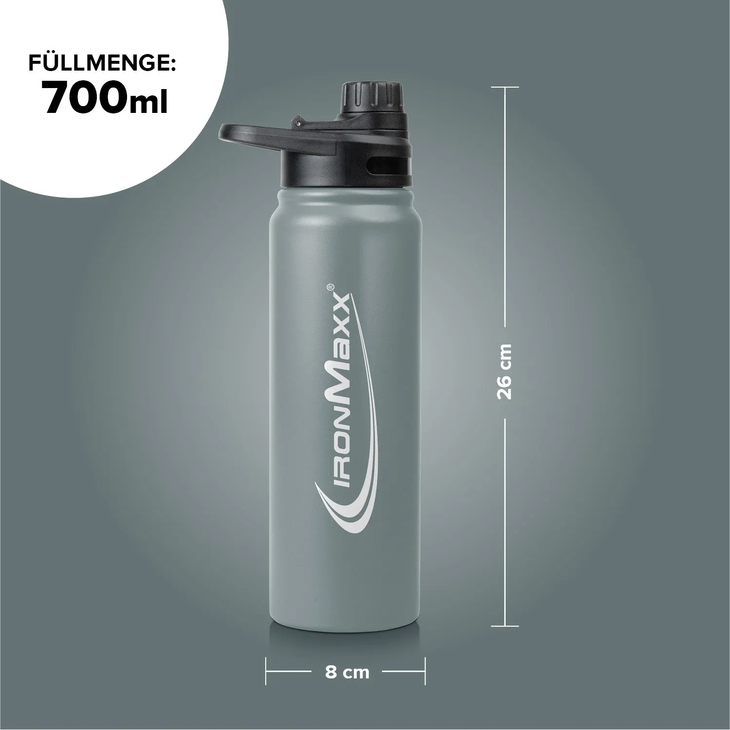IronMaxx Hot & Cold Bottle Trinkflasche 800ml Ash Grey isoliert
