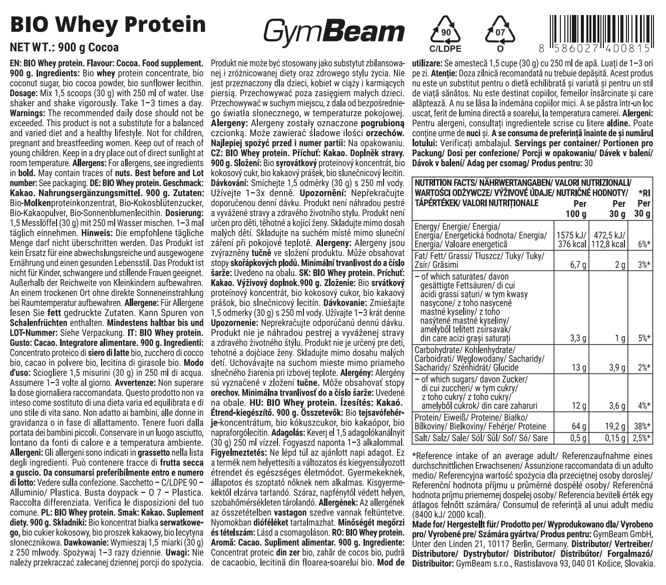 GymBeam Bio Whey Proteinpulver Kakao 900 g Weidemilch