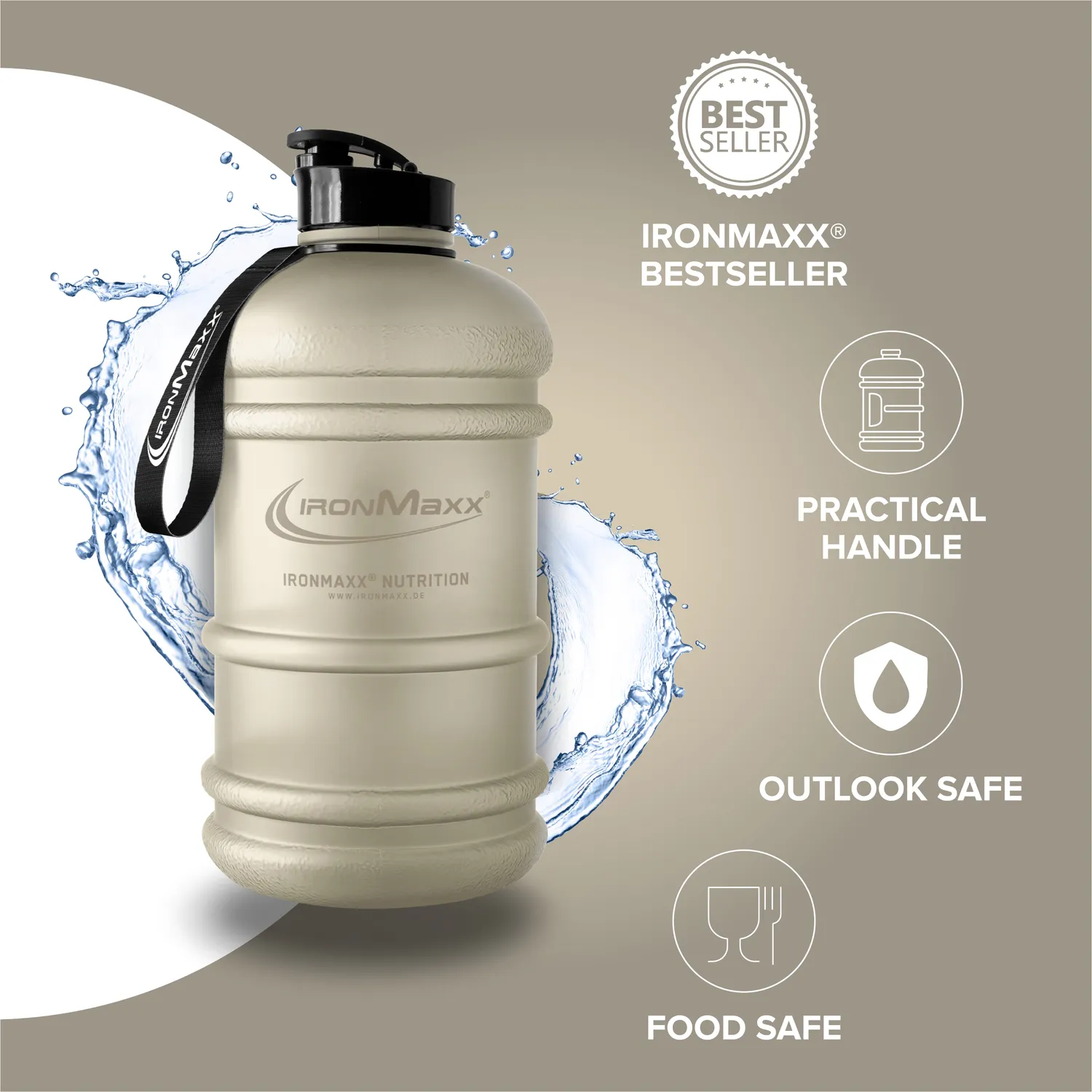 IronMaxx Water Gallon Trinkflasche Sandstone Beige 2200ml BPA-frei