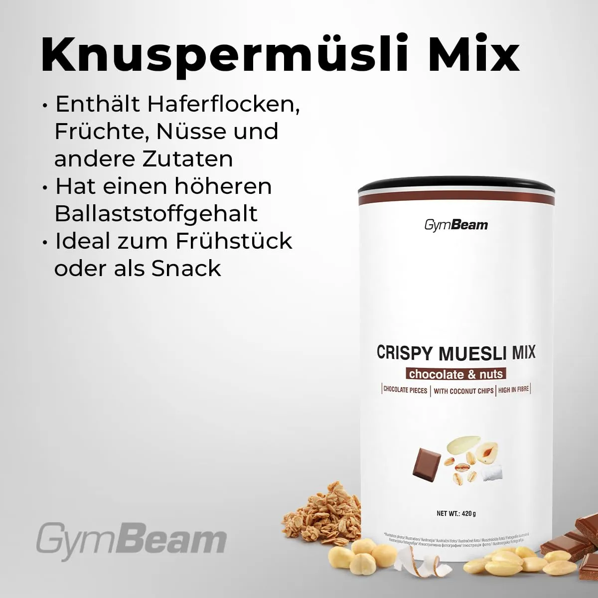 GymBeam Knusper Müsli Mix Schoko Nüsse Müsli 420 g ballaststoffreich