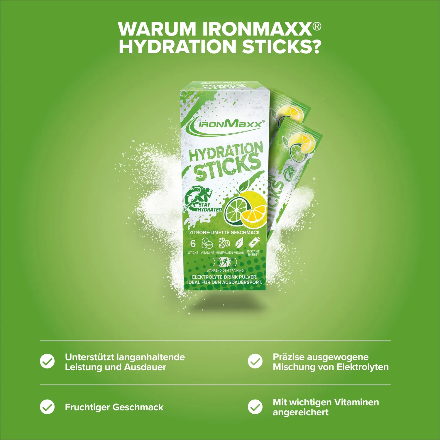 IronMaxx Hydration Sticks 6x12,9g Zitrone Limette Elektrolyte vegan