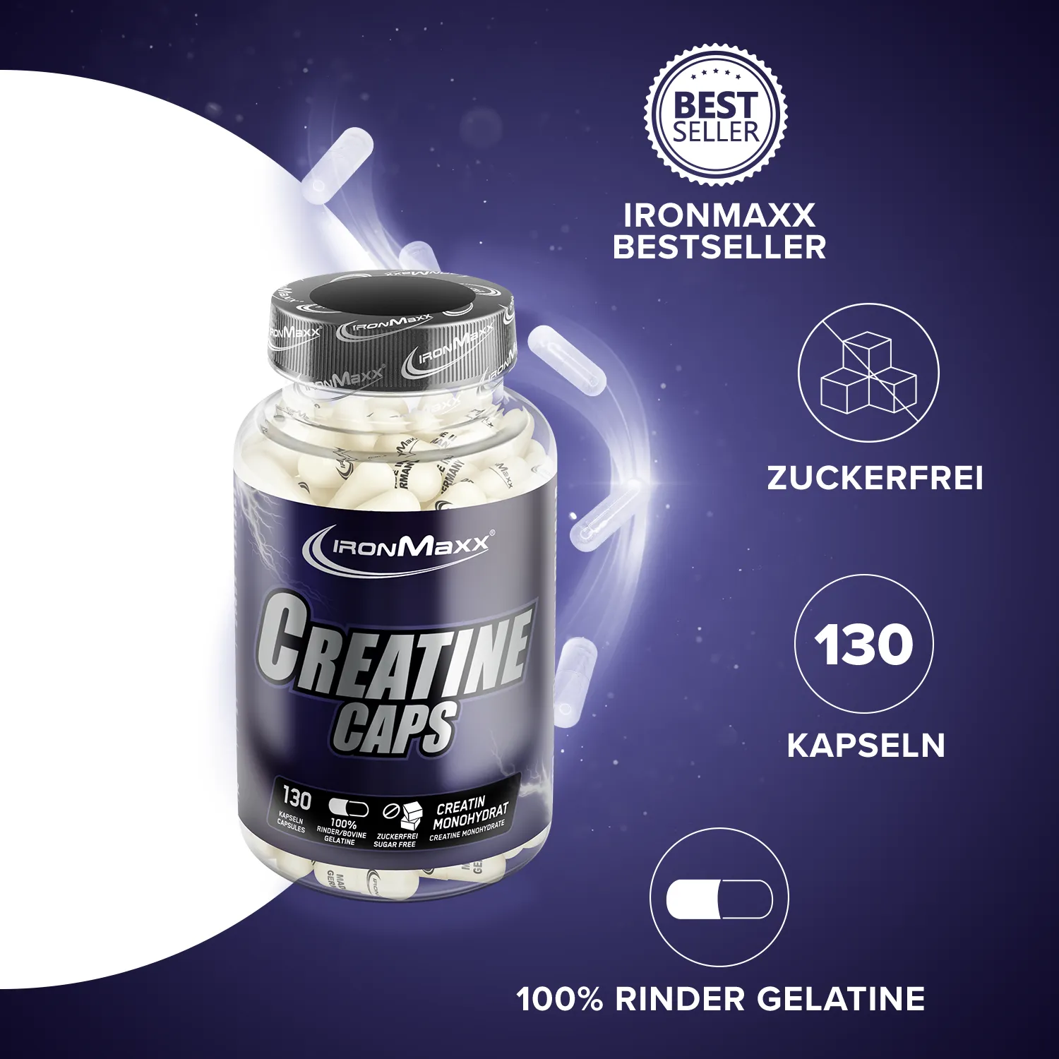 IronMaxx Creatine Caps Monohydrat Kapseln 130 Caps laktosefrei