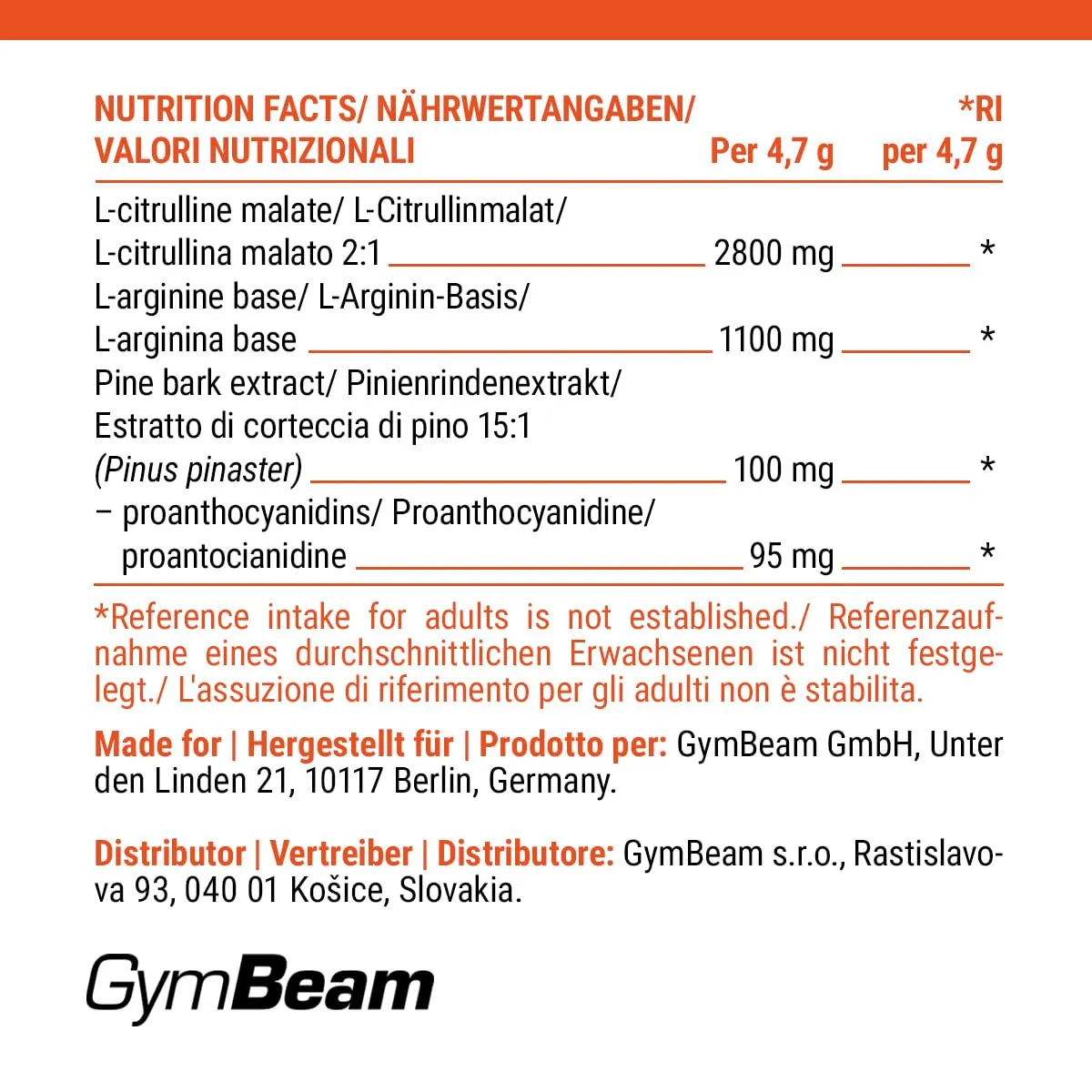 GymBeam NO Citrulline Plus Pre-Workout Pulver 420g Grüner Apfel koffeinfrei