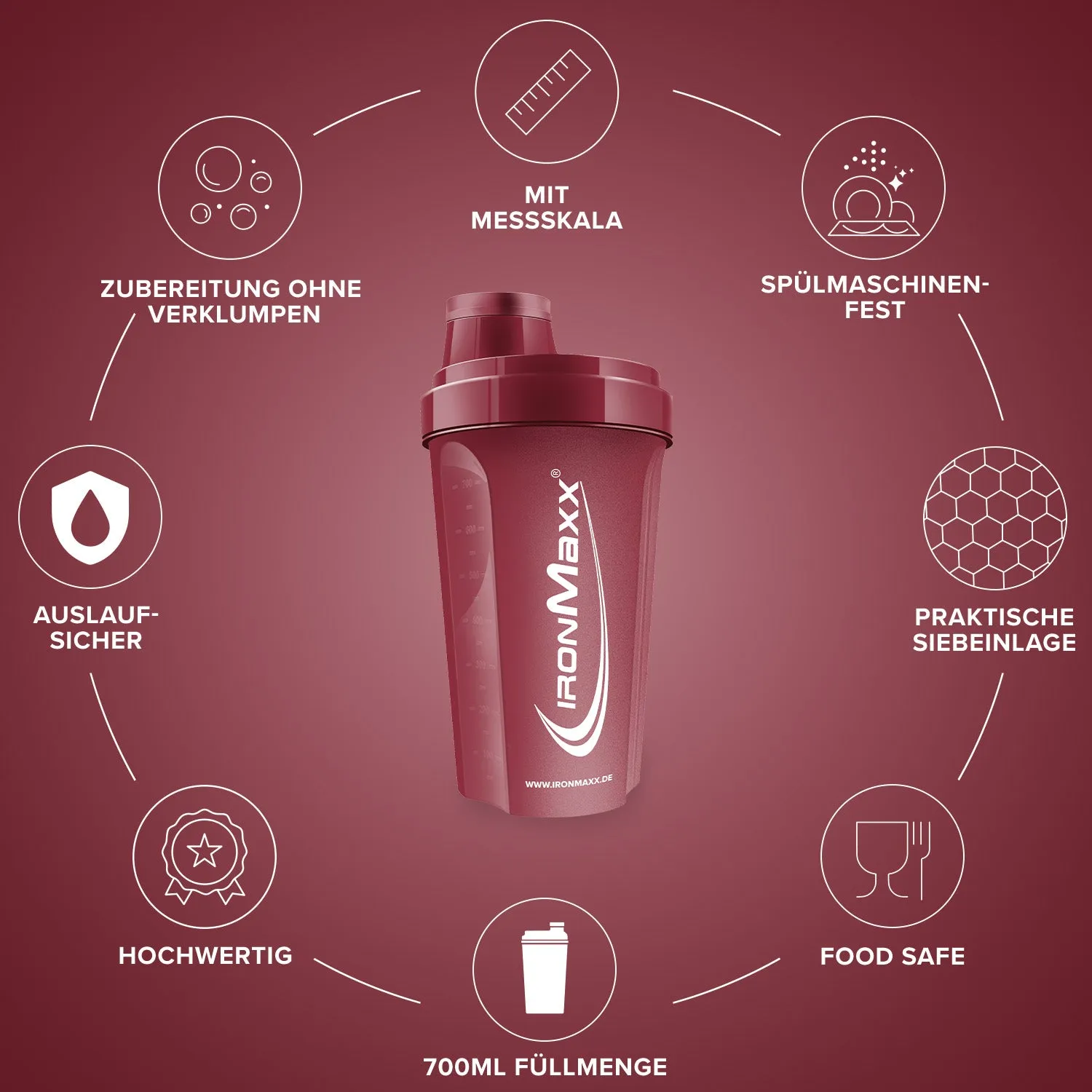 IronMaxx Shaker 700ml Cozy Red Eiweißshaker mit Sieb