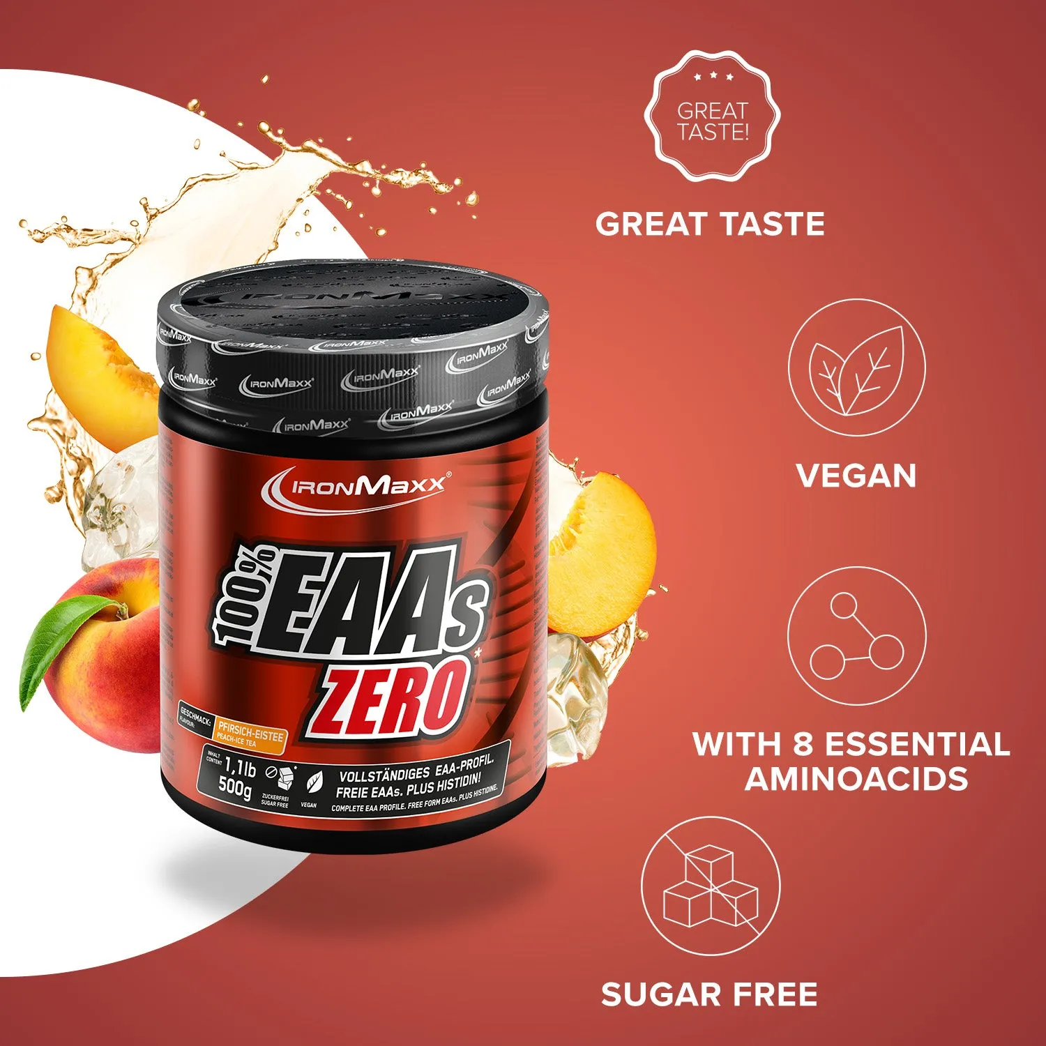 IronMaxx 100% EAAs Zero Peach Ice Tea 500g vegan