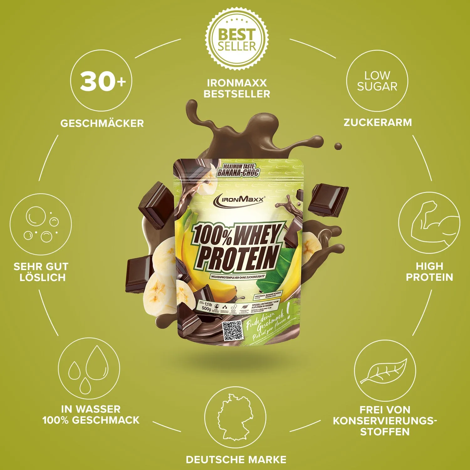 IronMaxx 100% Whey Proteinpulver Banana Choc 500g zuckerfrei