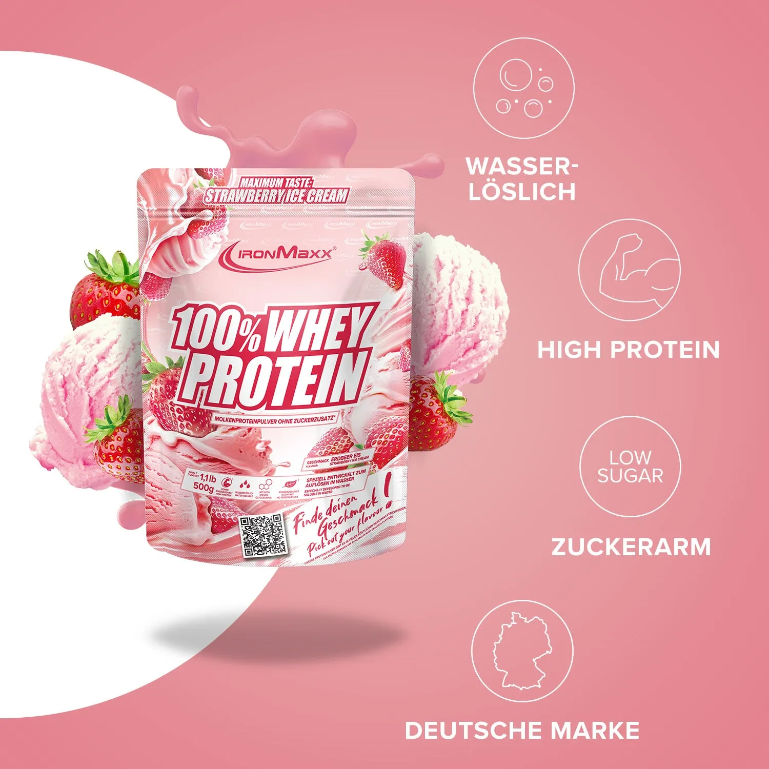 IronMaxx 100% Whey Protein Strawberry Pulver 500 g 80% Eiweiß