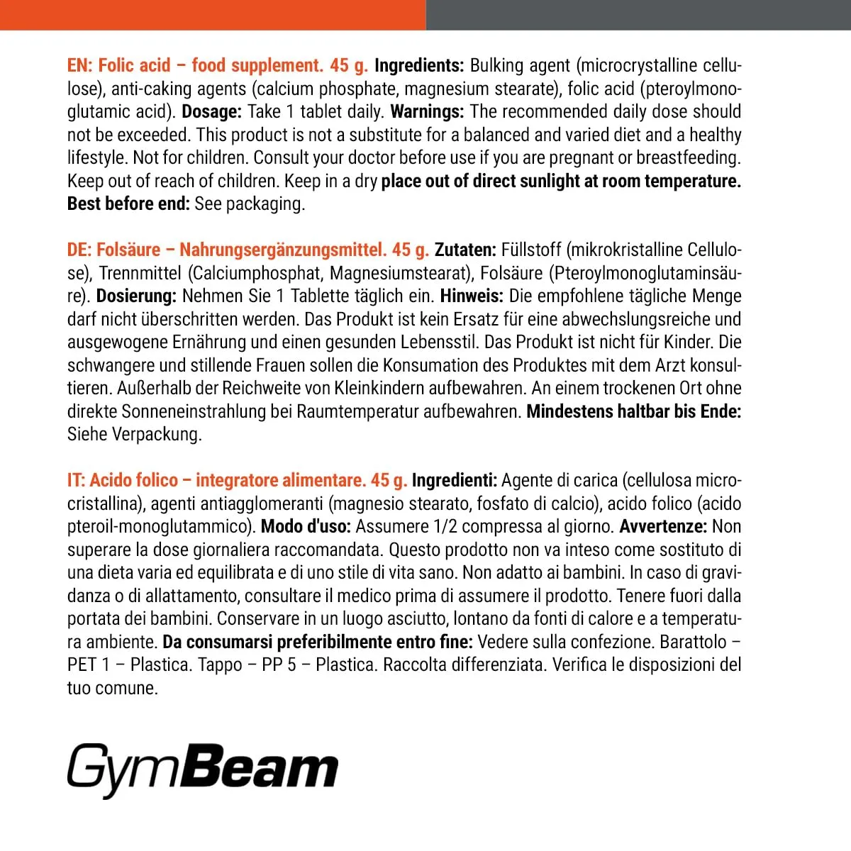 GymBeam Folsäure Vitamin B9 Tabletten 800 µg 90 Stück