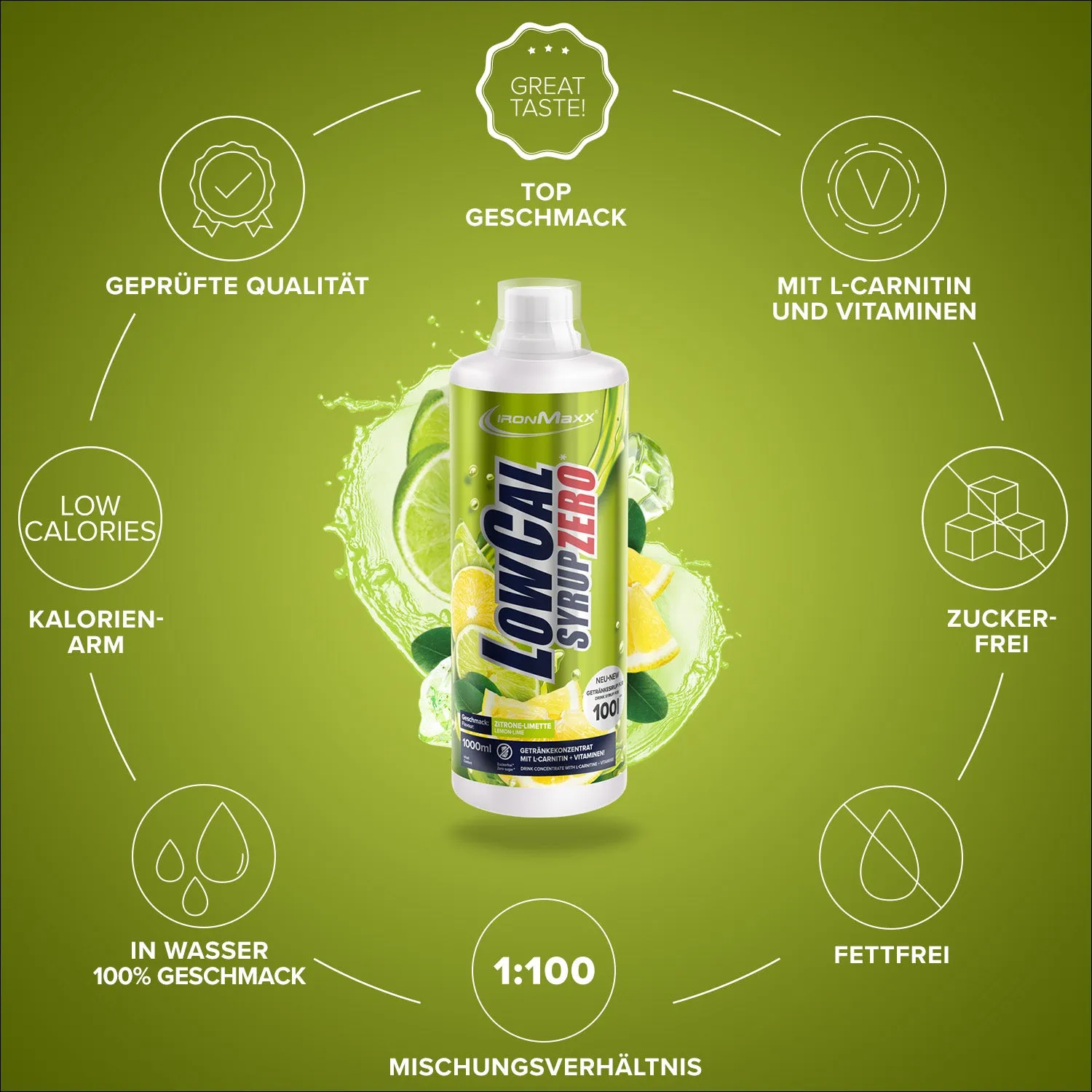 IronMaxx LowCal Syrup Zero Sirup 1000ml Zitrone-Limette