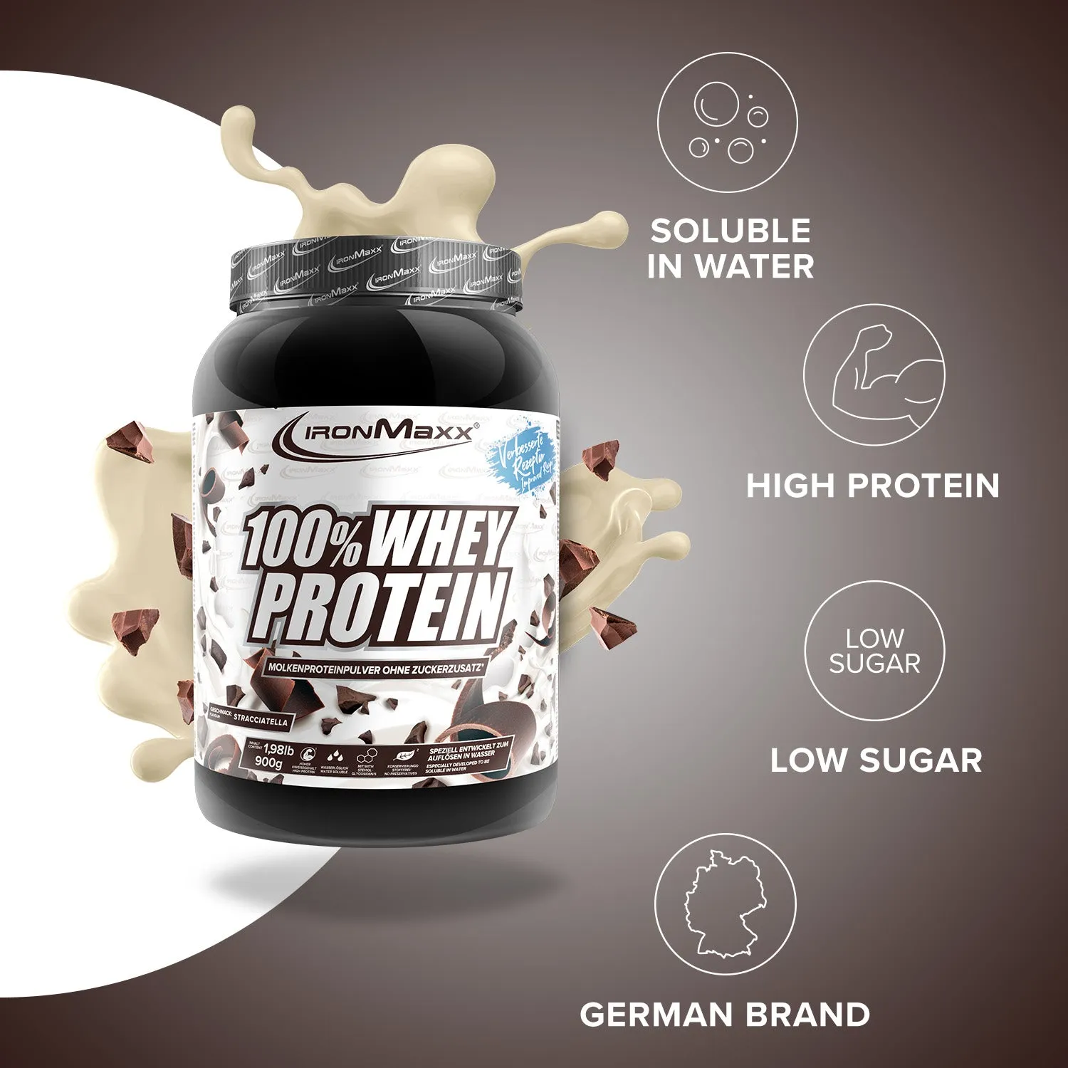 IronMaxx 100% Whey Protein Pulver 900g Stracciatella 80% Eiweiß