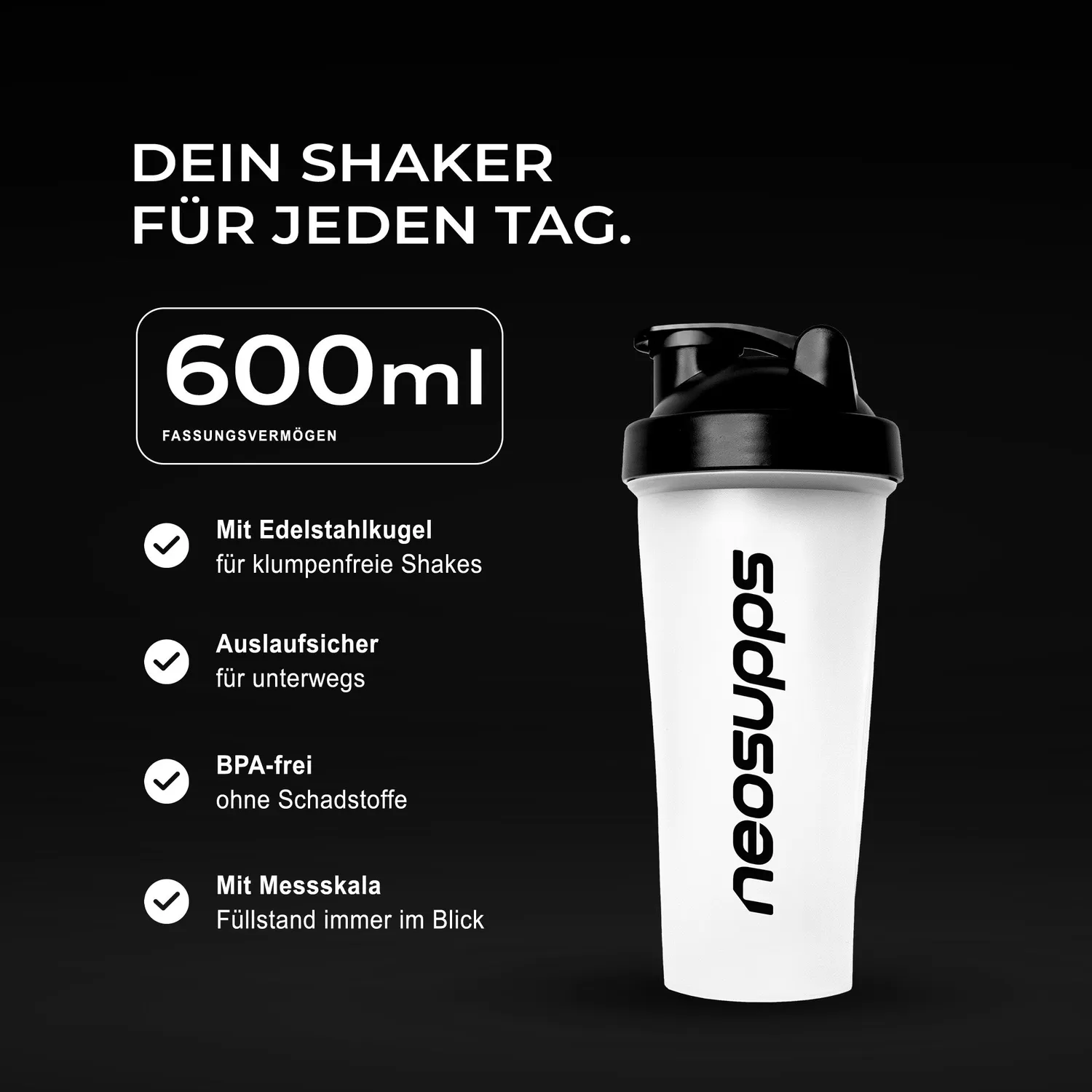 Neosupps Shaker 600ml Proteinshaker Transparent auslaufsicher