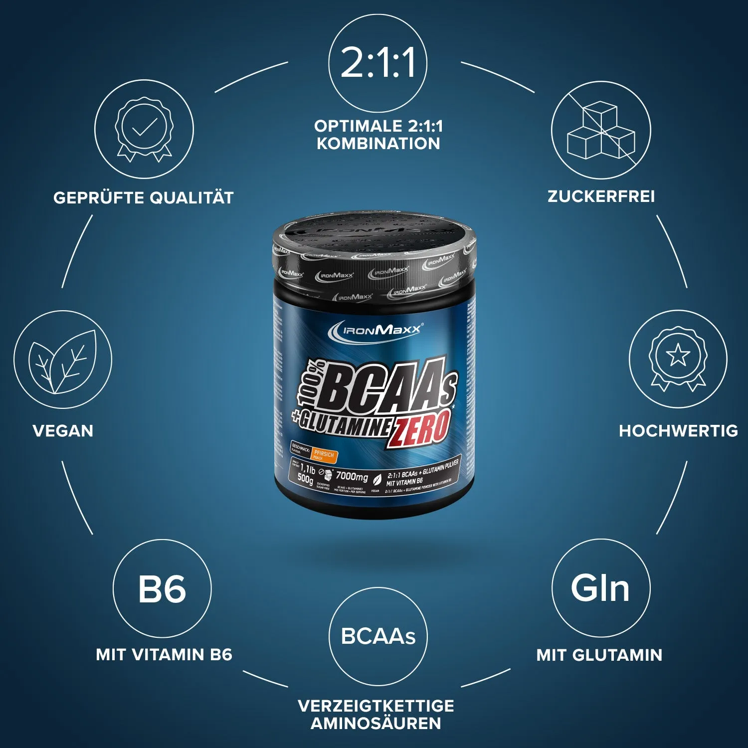 IronMaxx BCAA Glutamine Zero Aminopulver 500g Pfirsich