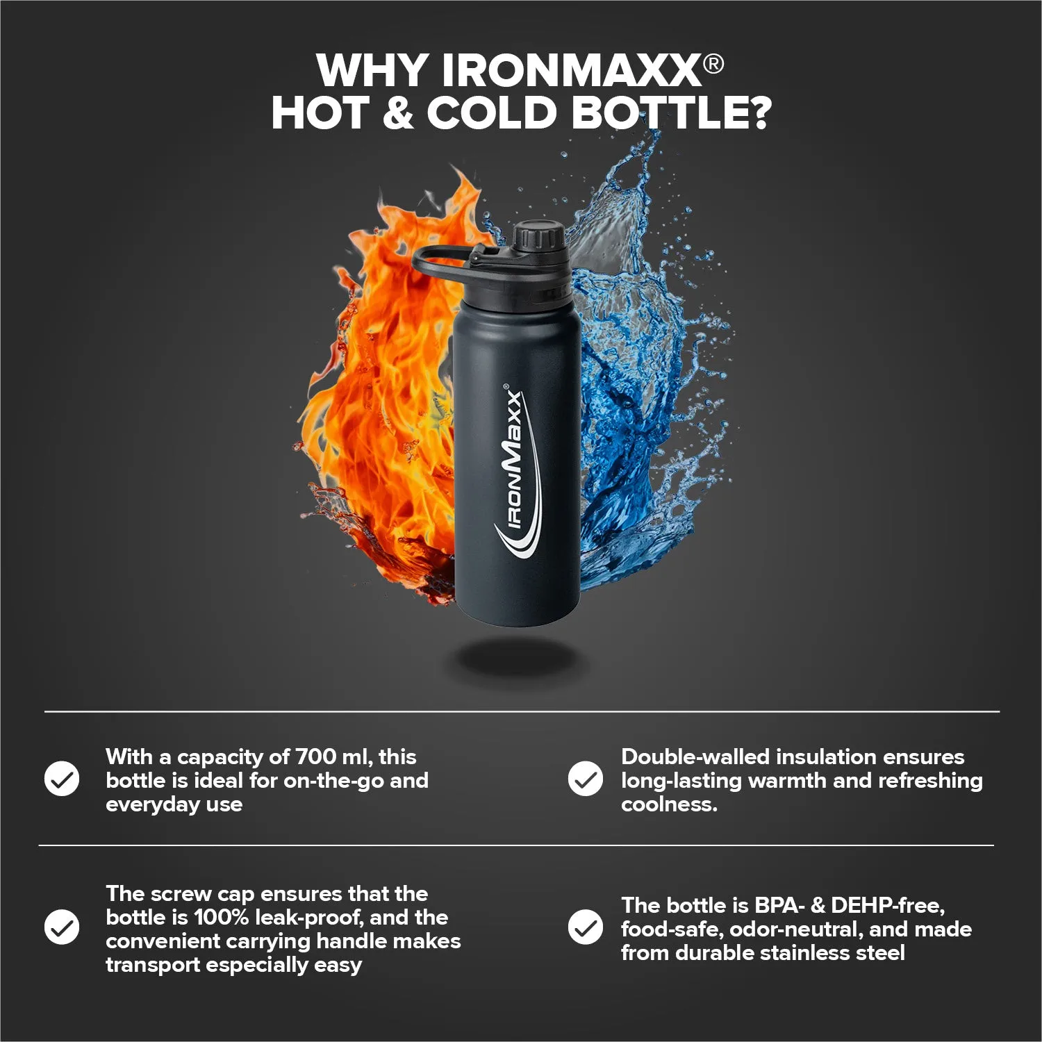 IronMaxx Hot & Cold Bottle Trinkflasche 800ml Deep Black