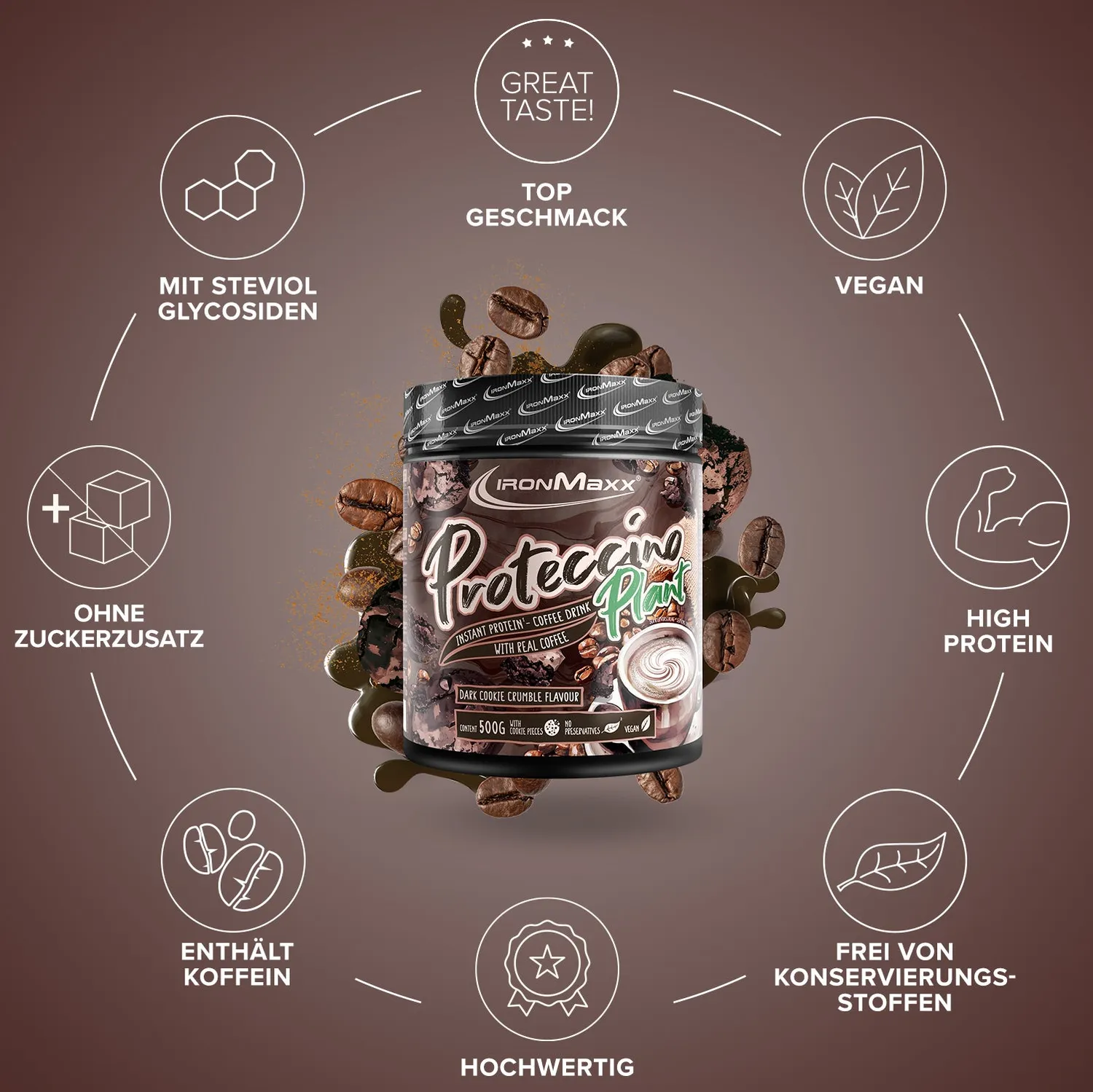 IronMaxx Proteccino Plant Proteinpulver 500g Dark Cookie Crumble vegan