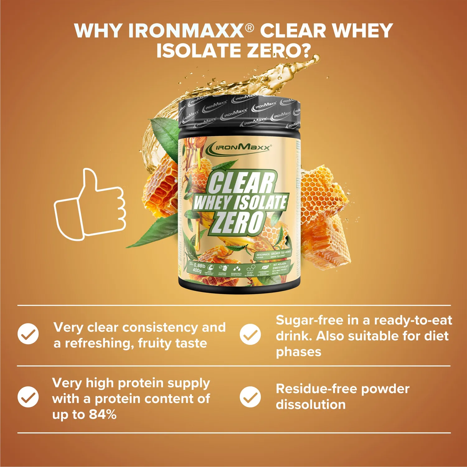 IronMaxx Clear Whey Isolate Zero Proteinpulver Honey Green Tea 400g zuckerfrei