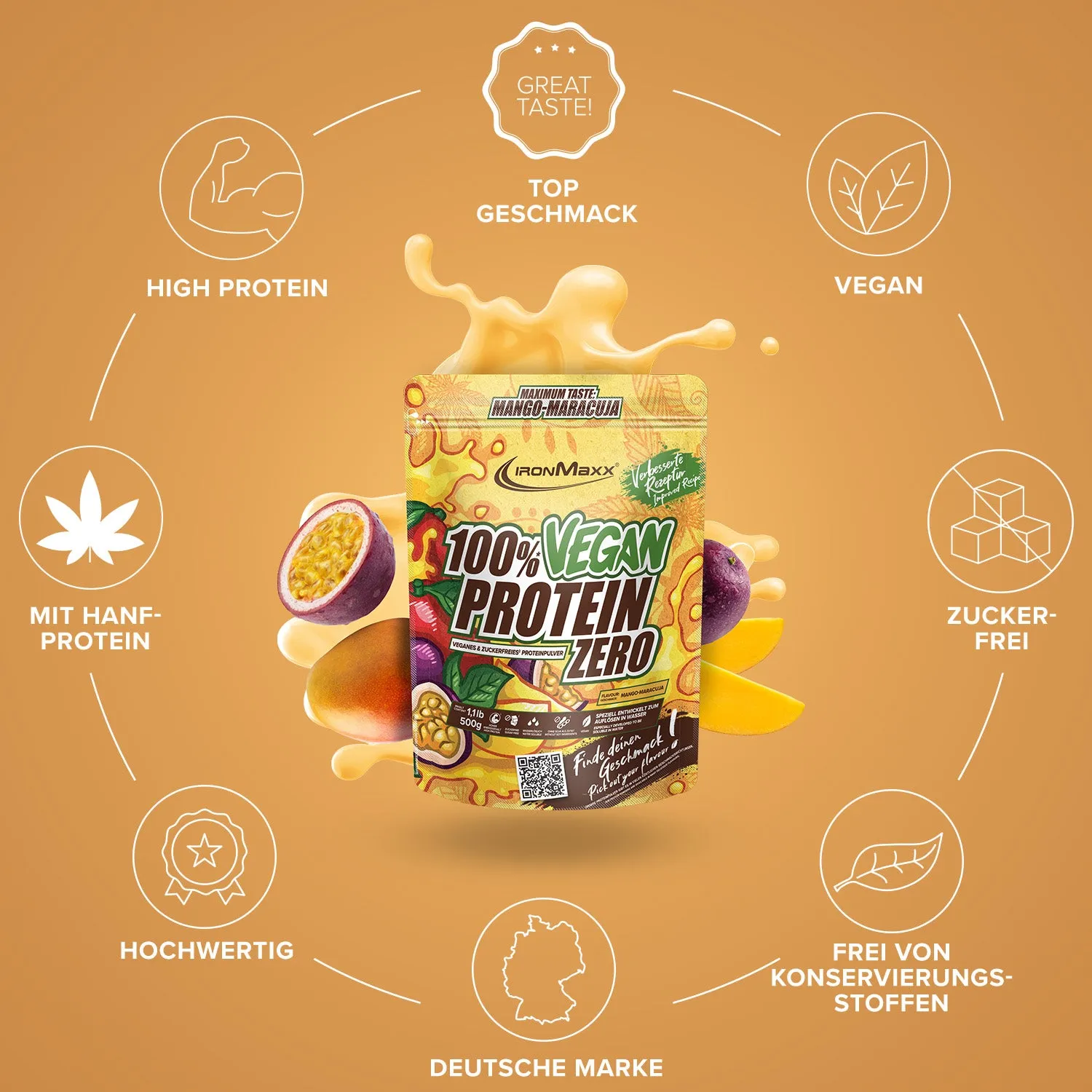 IronMaxx 100% Vegan Protein Zero Pulver Mango-Maracuja 500g fruchtig