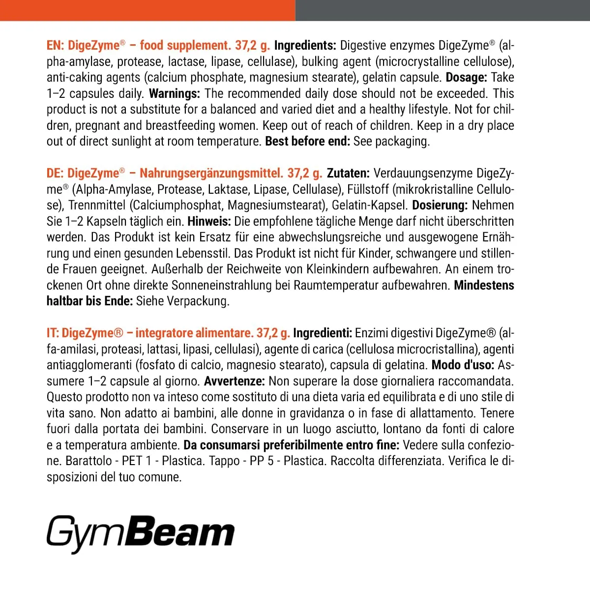 GymBeam DigeZyme Verdauungsenzyme Kapseln 60 Caps Multienzym