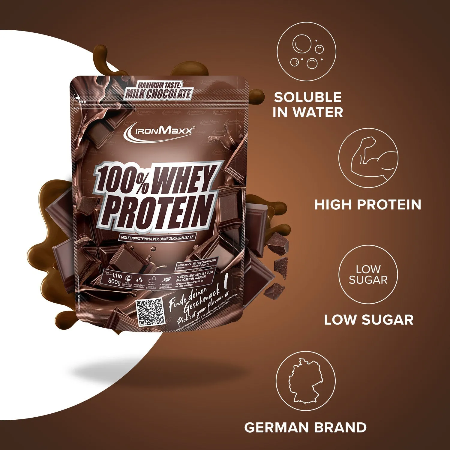 IronMaxx 100% Whey Proteinpulver Milchschokolade 500g zuckerfrei