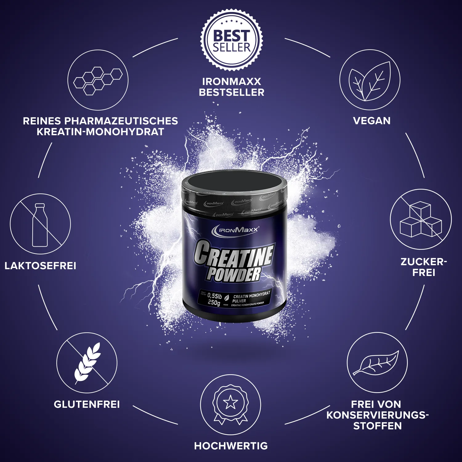 IronMaxx Creatine Powder Monohydrat 250g vegan geschmacksneutral